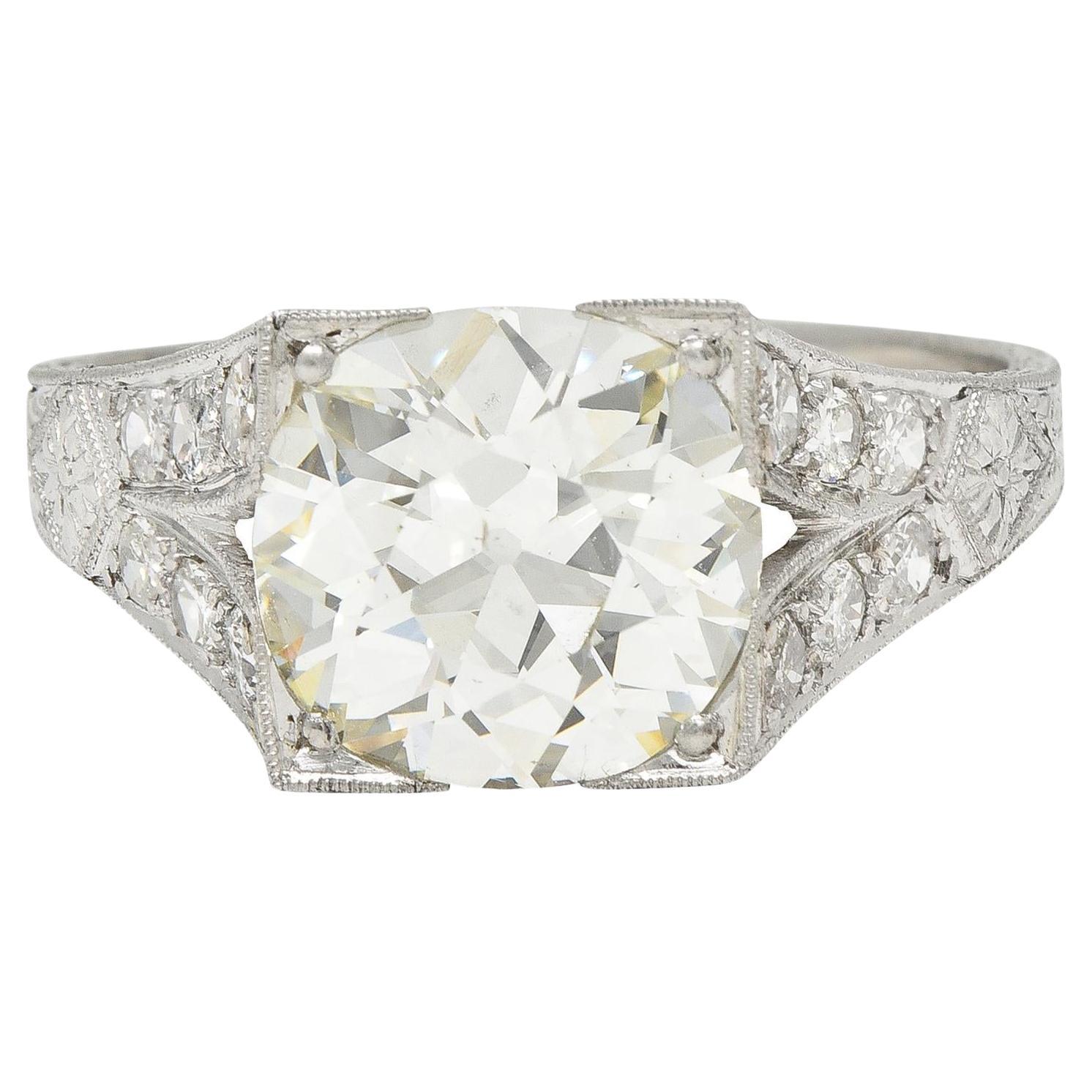 Art Deco 3.45 CTW Old European Cut Diamond Platinum Wheat Engagement Ring GIA For Sale