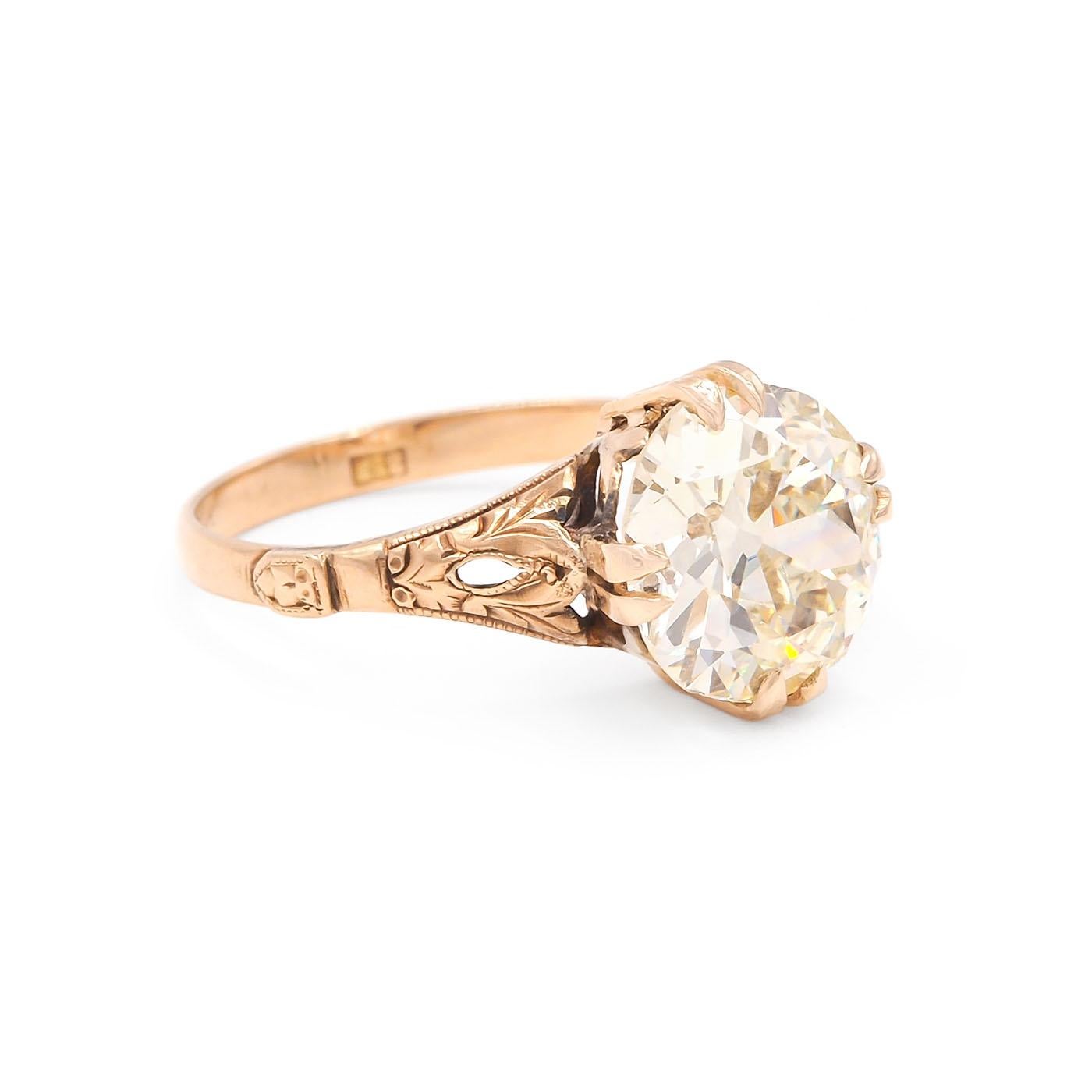 Art Deco Era 3.49 Carat Old European Cut Diamond Solitaire Engagement Ring composed of 18k yellow gold. With a 3.49 carat Old European Cut diamond, GIA certified O-P color & SI1 clarity (see photo below). With engraved details to the shoulders and