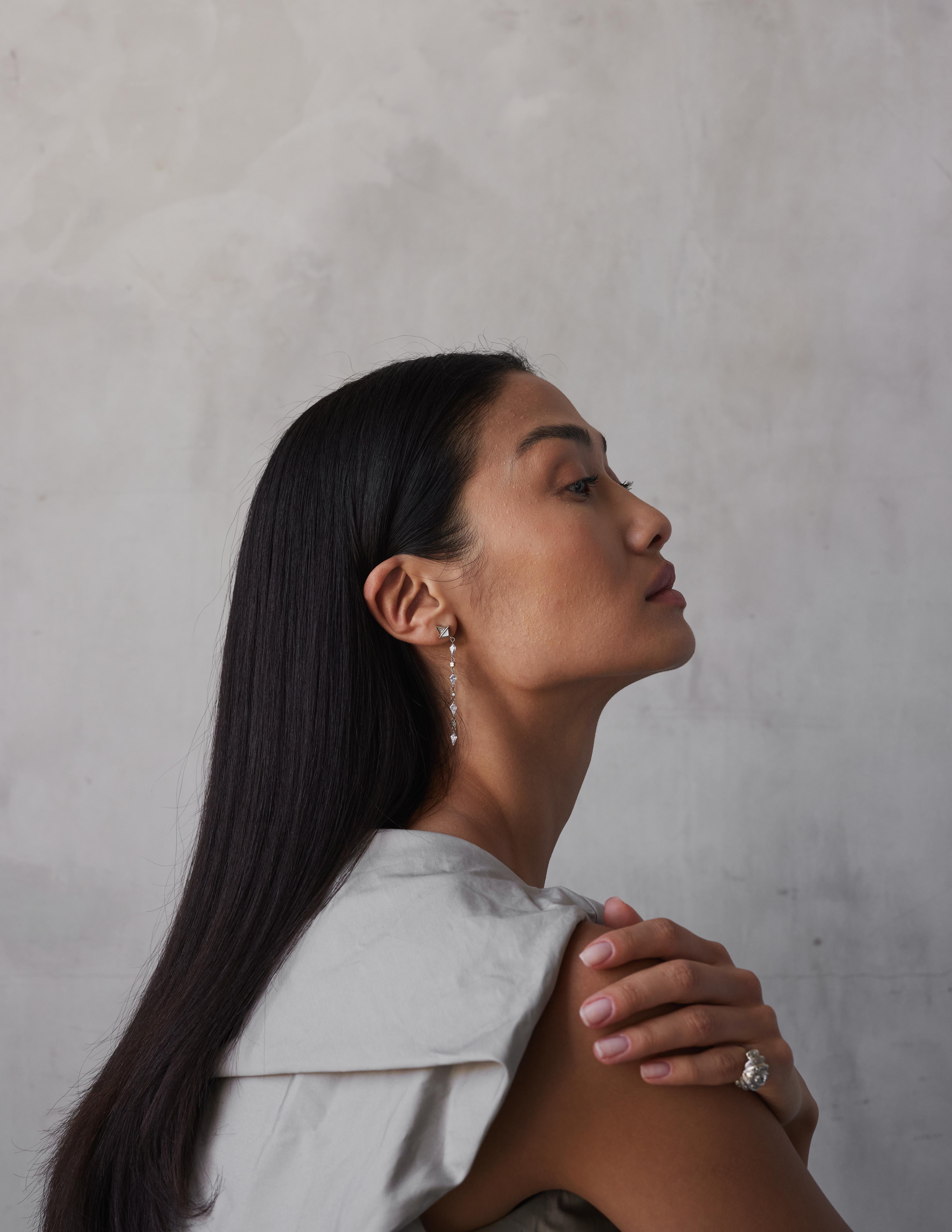 Art déco Boucles d'oreilles Art Déco 3.5 Carat Trillion & Kite Diamond en or blanc 18k en vente