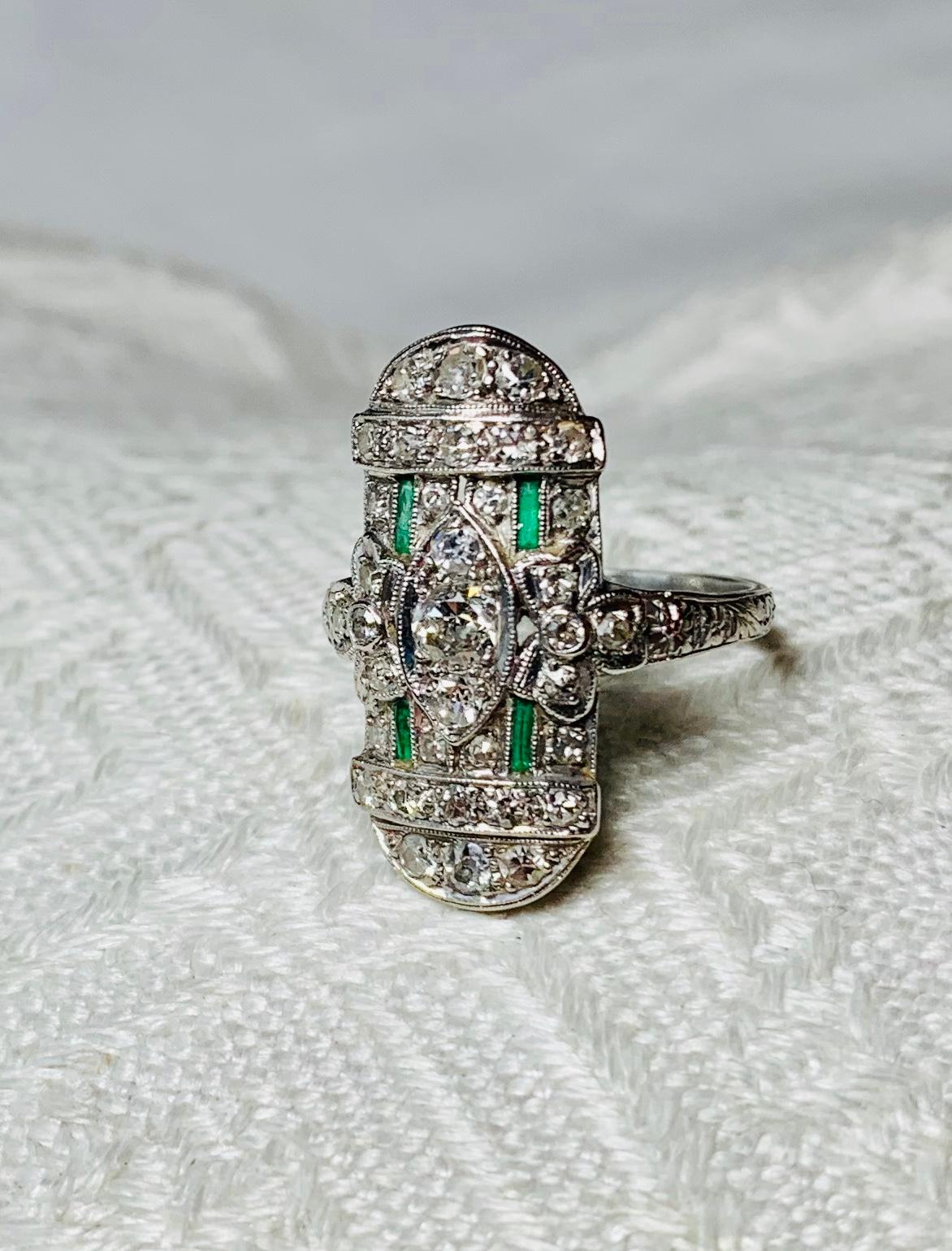 Art Deco 35 Diamond Emerald Platinum Wedding Engagement Ring Edwardian Bow Motif For Sale 5