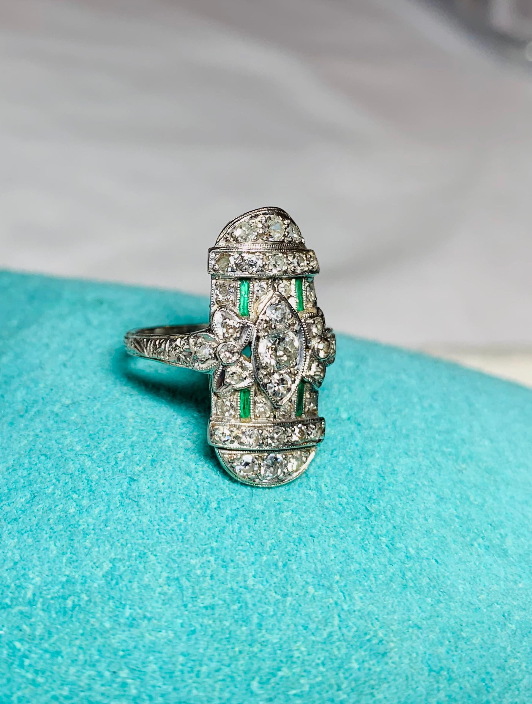 Art Deco 35 Diamond Emerald Platinum Wedding Engagement Ring Edwardian Bow Motif For Sale 6
