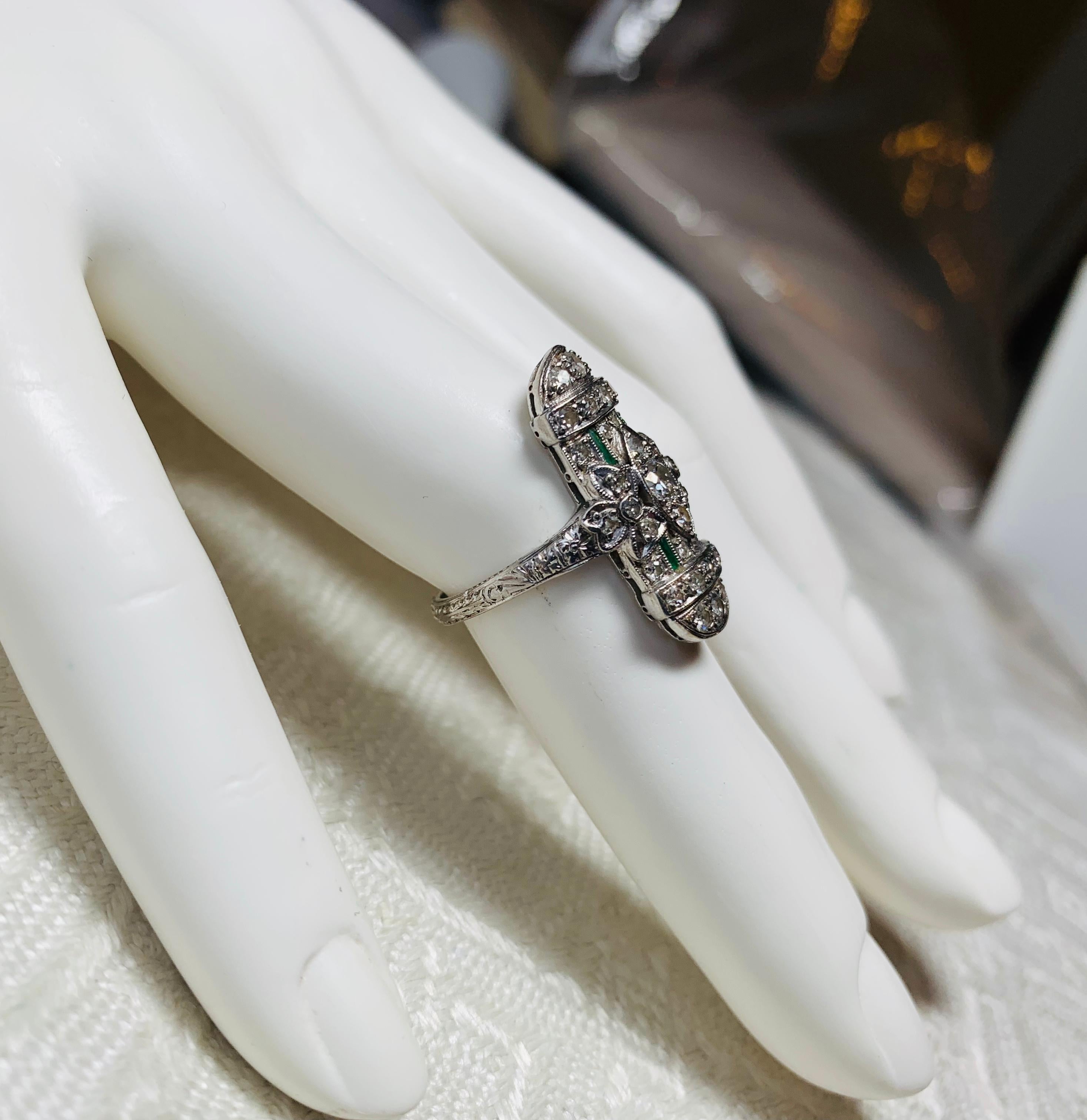 Art Deco 35 Diamond Emerald Platinum Wedding Engagement Ring Edwardian Bow Motif For Sale 8