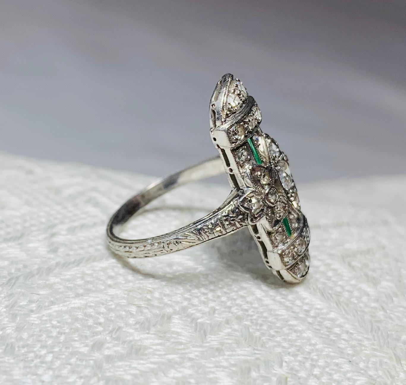 Art Deco 35 Diamond Emerald Platinum Wedding Engagement Ring Edwardian Bow Motif For Sale 9