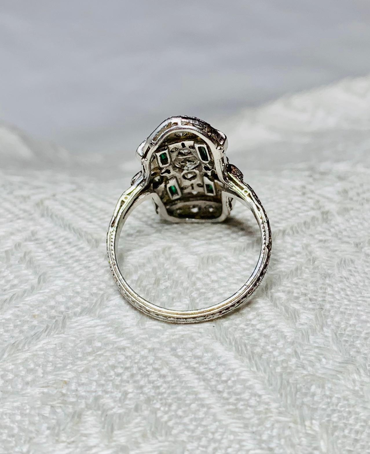 Art Deco 35 Diamond Emerald Platinum Wedding Engagement Ring Edwardian Bow Motif For Sale 10