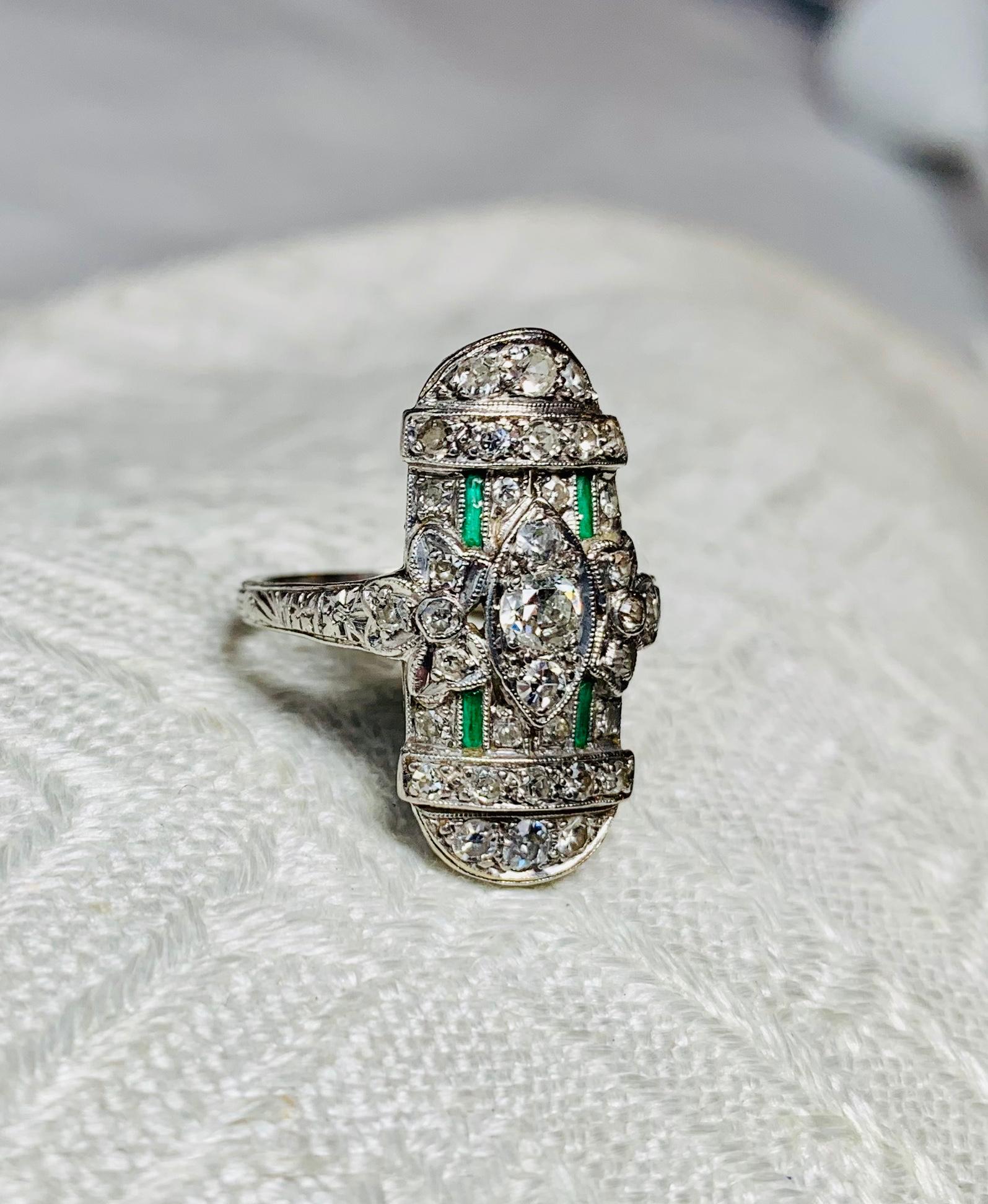 Art Deco 35 Diamond Emerald Platinum Wedding Engagement Ring Edwardian Bow Motif For Sale 1
