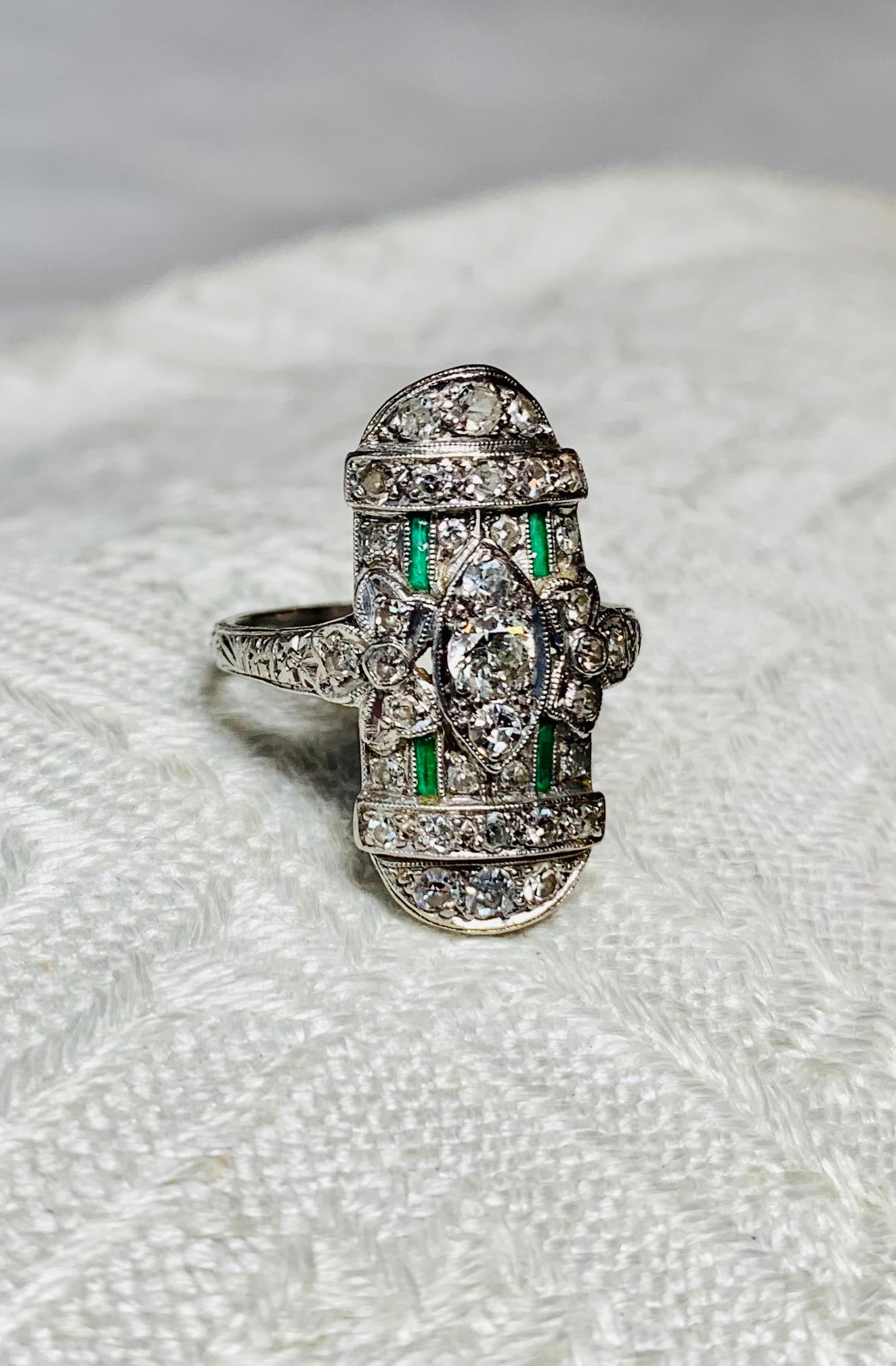 Art Deco 35 Diamond Emerald Platinum Wedding Engagement Ring Edwardian Bow Motif For Sale 2