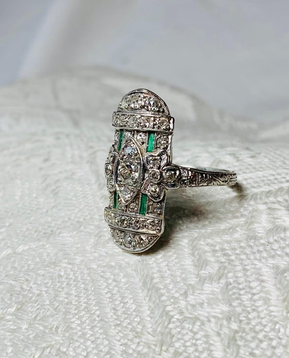 Art Deco 35 Diamond Emerald Platinum Wedding Engagement Ring Edwardian Bow Motif For Sale 3