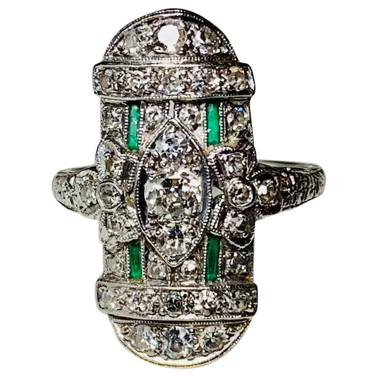 Art Deco 35 Diamond Emerald Platinum Wedding Engagement Ring Edwardian Bow Motif For Sale
