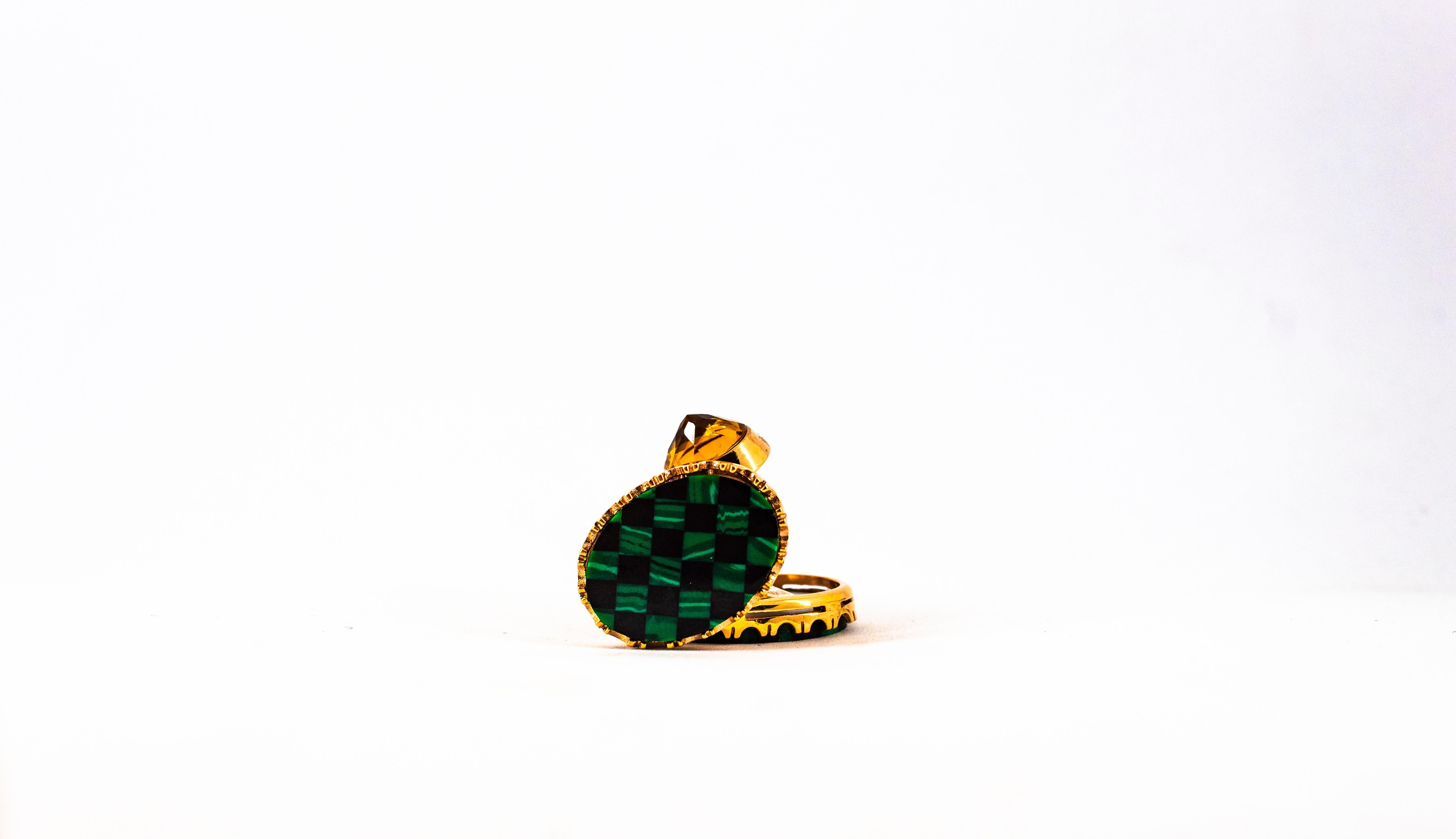 Art Deco Style 3.50 Carat Citrine Malachite Yellow Gold Cufflinks 6