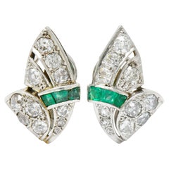 Art Deco 3.50 Carat Diamond Emerald Platinum Fanned Earrings