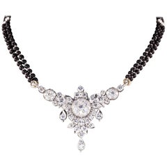 Art Deco 3.50 Carat Diamond Silver Plaque Necklace with Onyx Bead Chain