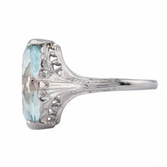 Art Deco 3.50 Carat Marquise Cut Aquamarine Solitaire Filigree Ring in 18K White
