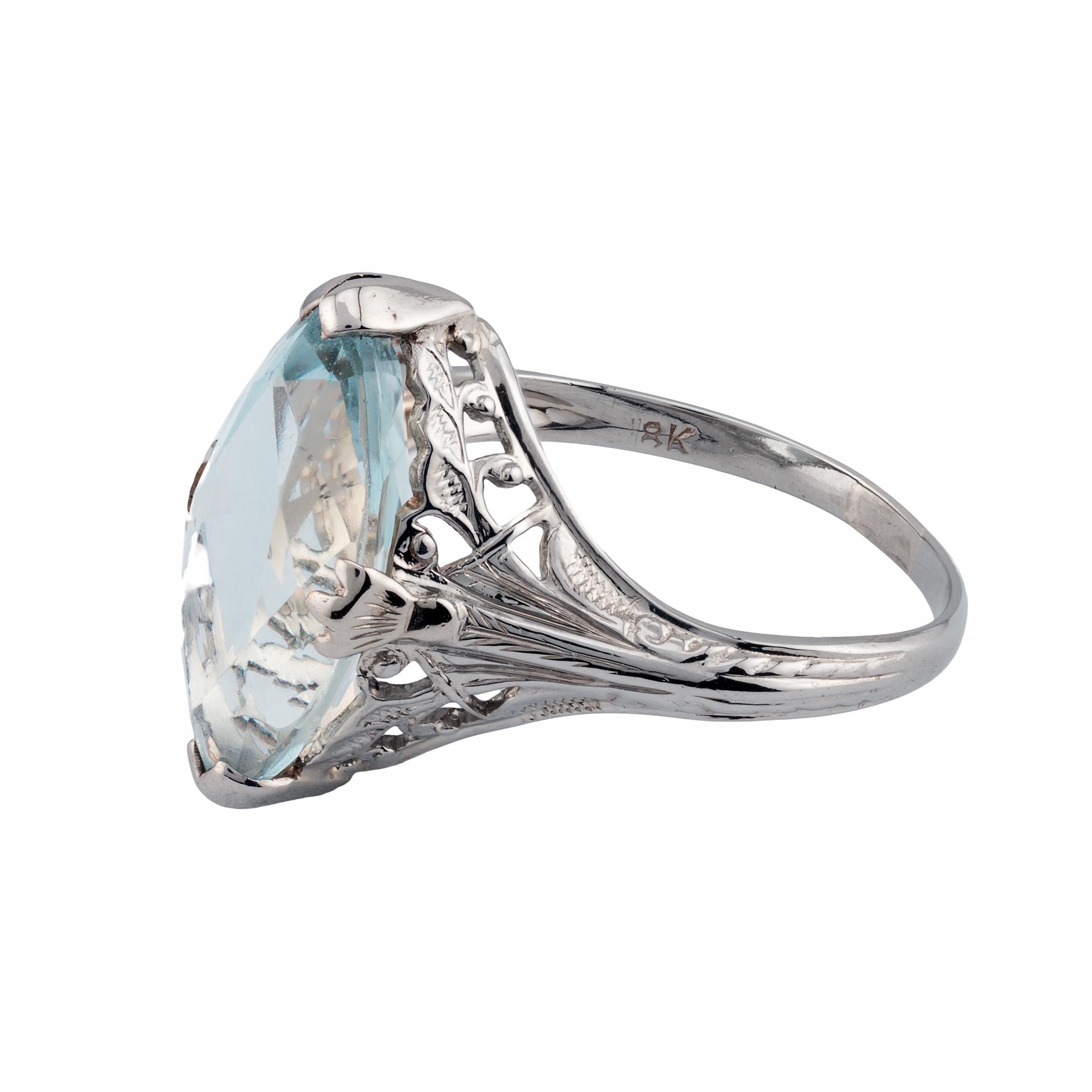Art Deco 3,50 Karat Marquise Cut Aquamarin Solitär Filigraner Ring in 18K Weiß (Marquiseschliff) im Angebot