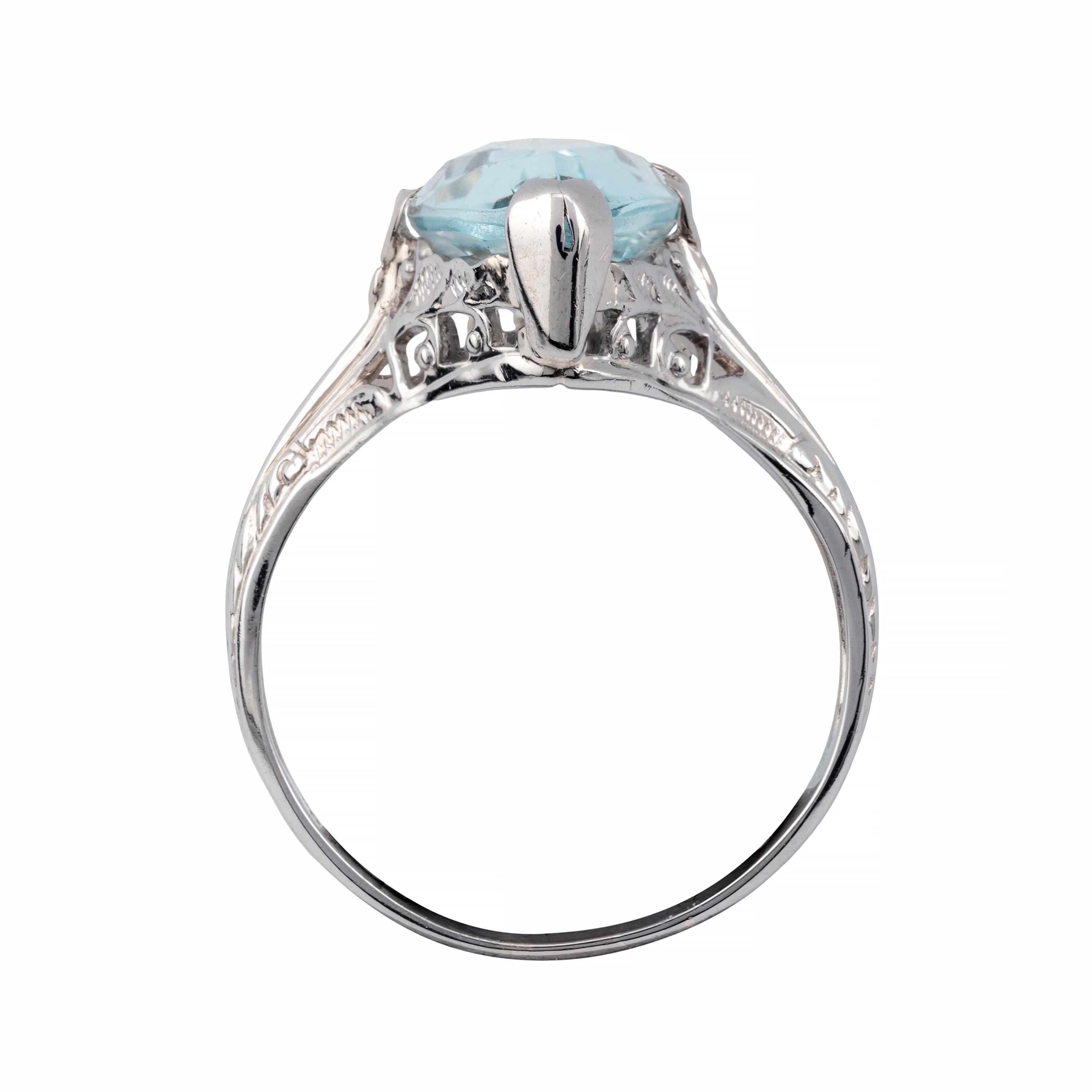 Art Deco 3,50 Karat Marquise Cut Aquamarin Solitär Filigraner Ring in 18K Weiß im Angebot 1