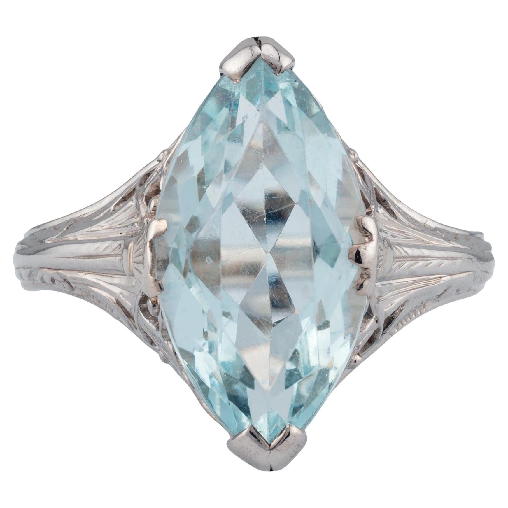 Art Deco 3.50 Carat Marquise Cut Aquamarine Solitaire Filigree Ring in 18K White