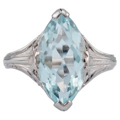 Anello filigranato Art Deco da 3,50 carati con acquamarina taglio marquise e solitario in bianco 18 carati