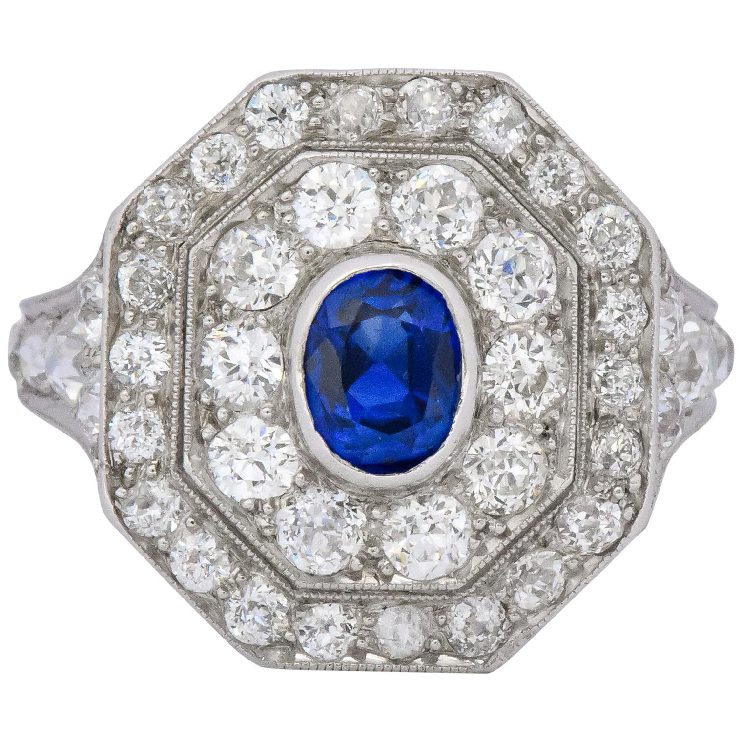 Art Deco 3.50 Carats No Heat Sapphire European Cut Diamond Platinum Halo Ring