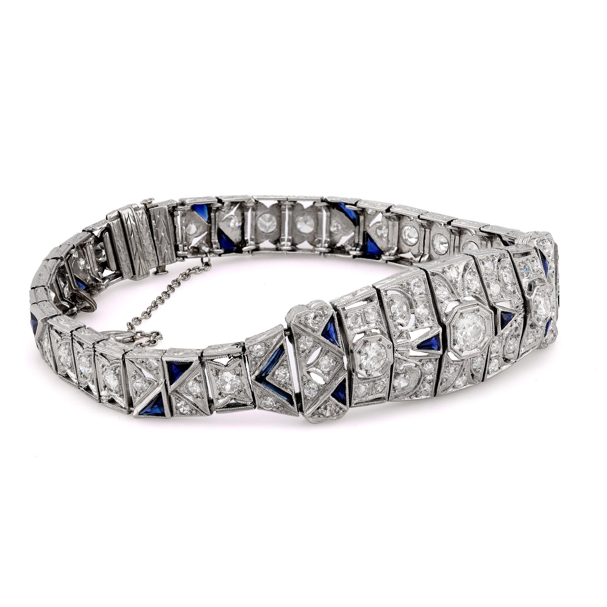 Old European Cut Art Deco 3.50 Carat Total Diamond Weight Diamond Sapphire Platinum Bracelet