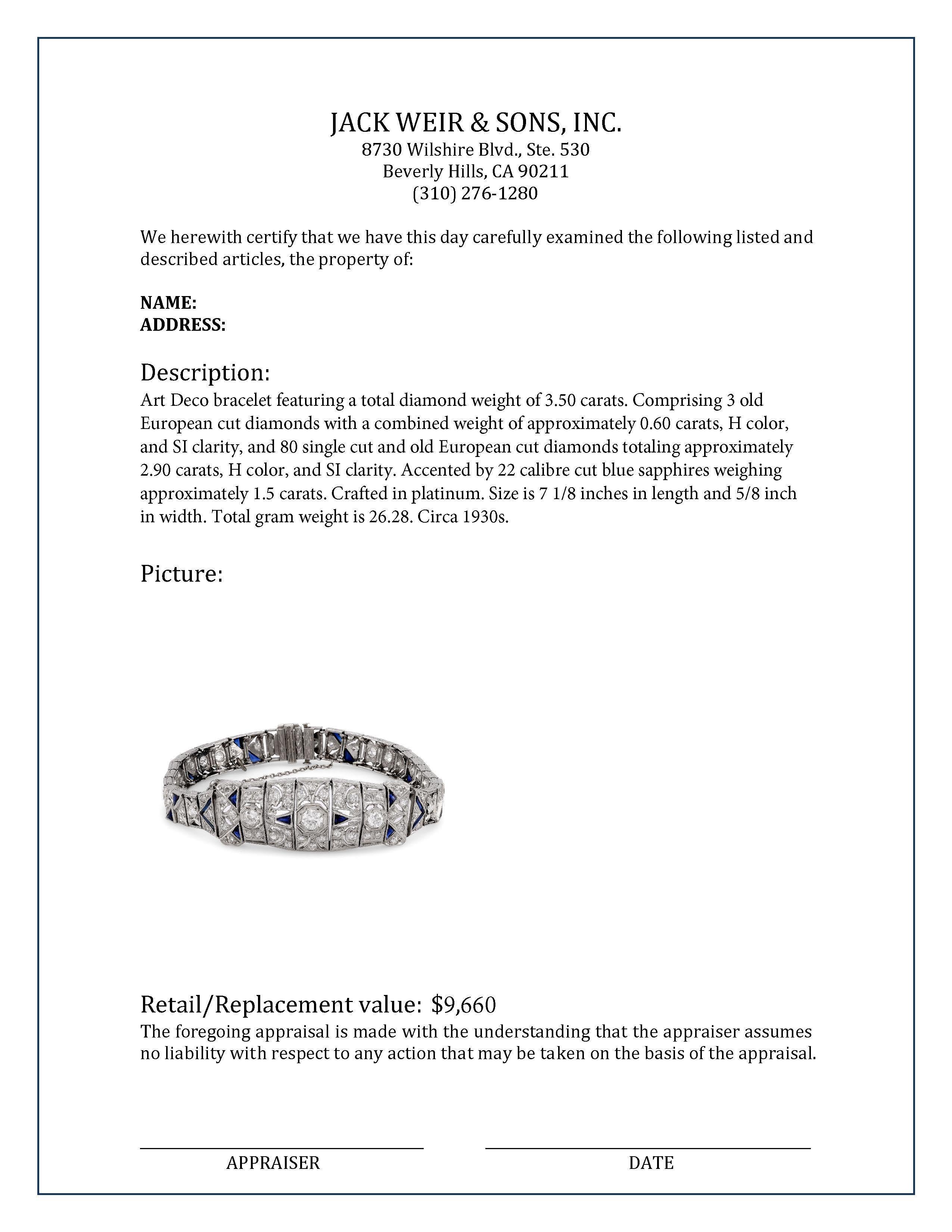Women's or Men's Art Deco 3.50 Carat Total Diamond Weight Diamond Sapphire Platinum Bracelet