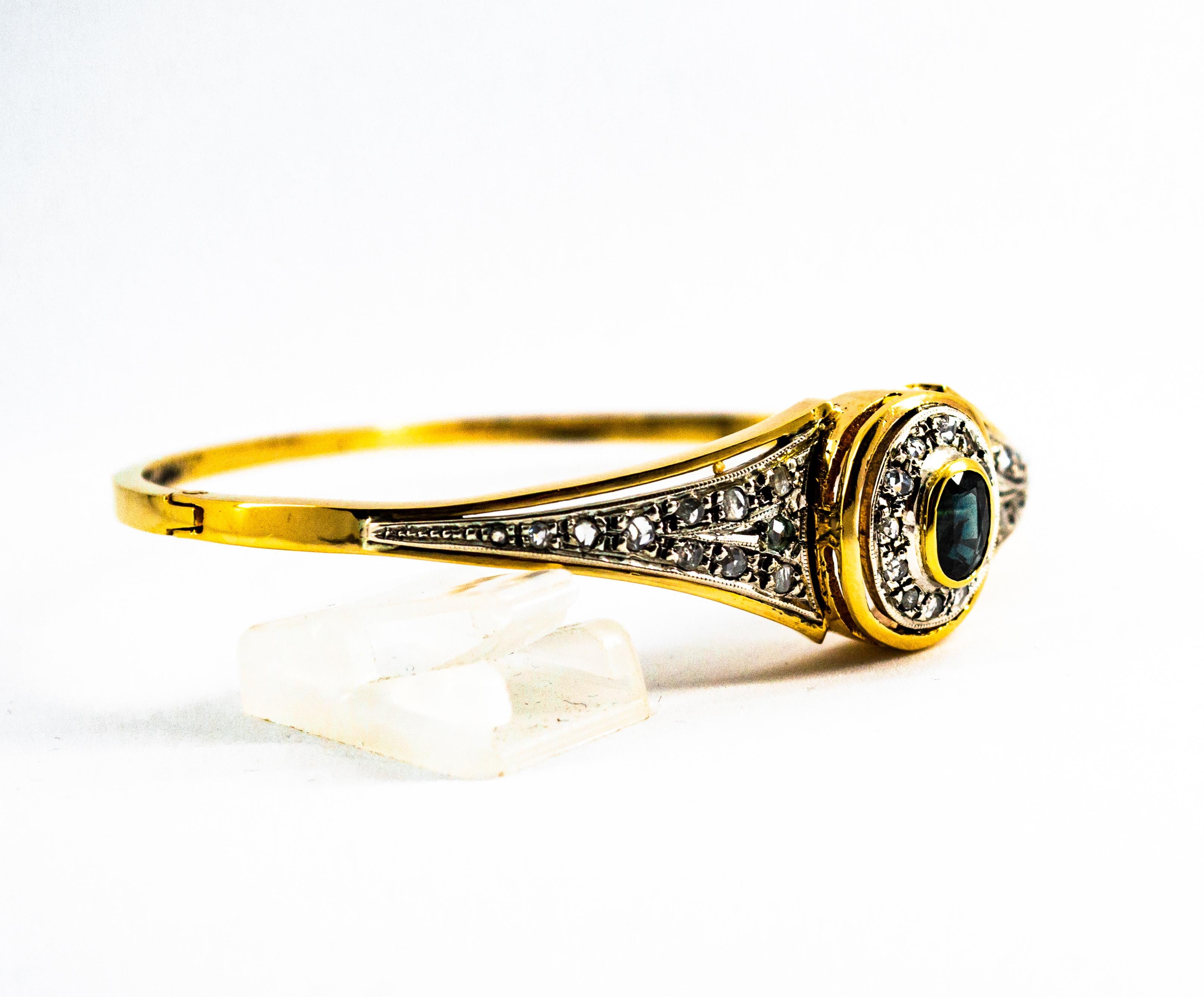 Art Deco Style White Rose Cut Diamond Blue Sapphire Yellow Gold Bracelet In New Condition For Sale In Naples, IT