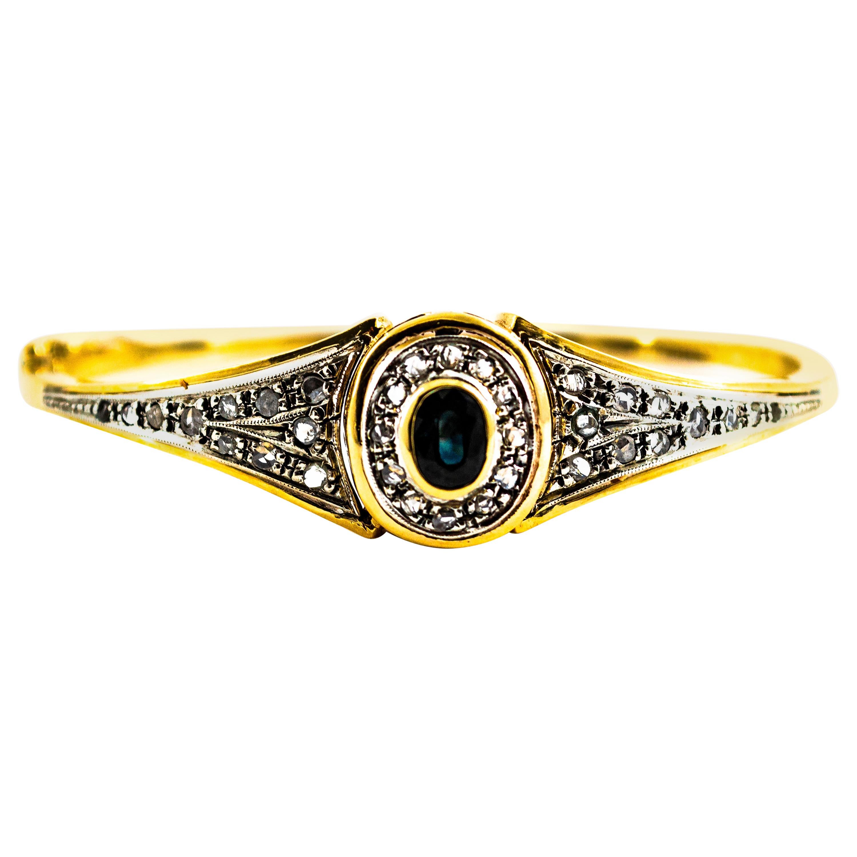 Art Deco Style White Rose Cut Diamond Blue Sapphire Yellow Gold Bracelet