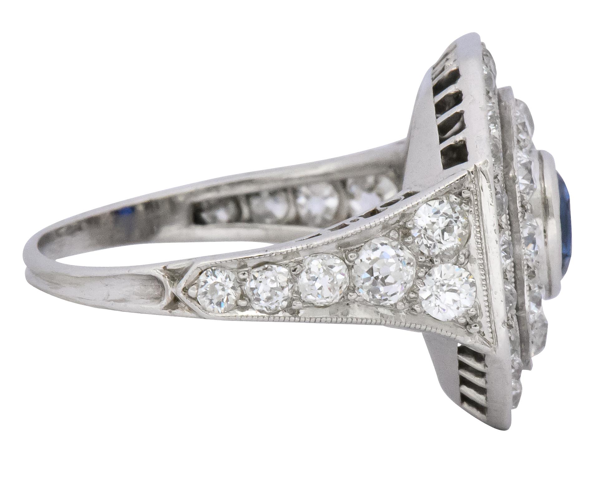 Oval Cut Art Deco 3.50 Carats No Heat Sapphire European Cut Diamond Platinum Halo Ring