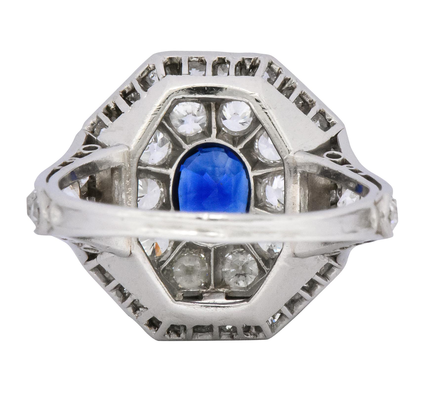 Art Deco 3.50 Carats No Heat Sapphire European Cut Diamond Platinum Halo Ring In Excellent Condition In Philadelphia, PA