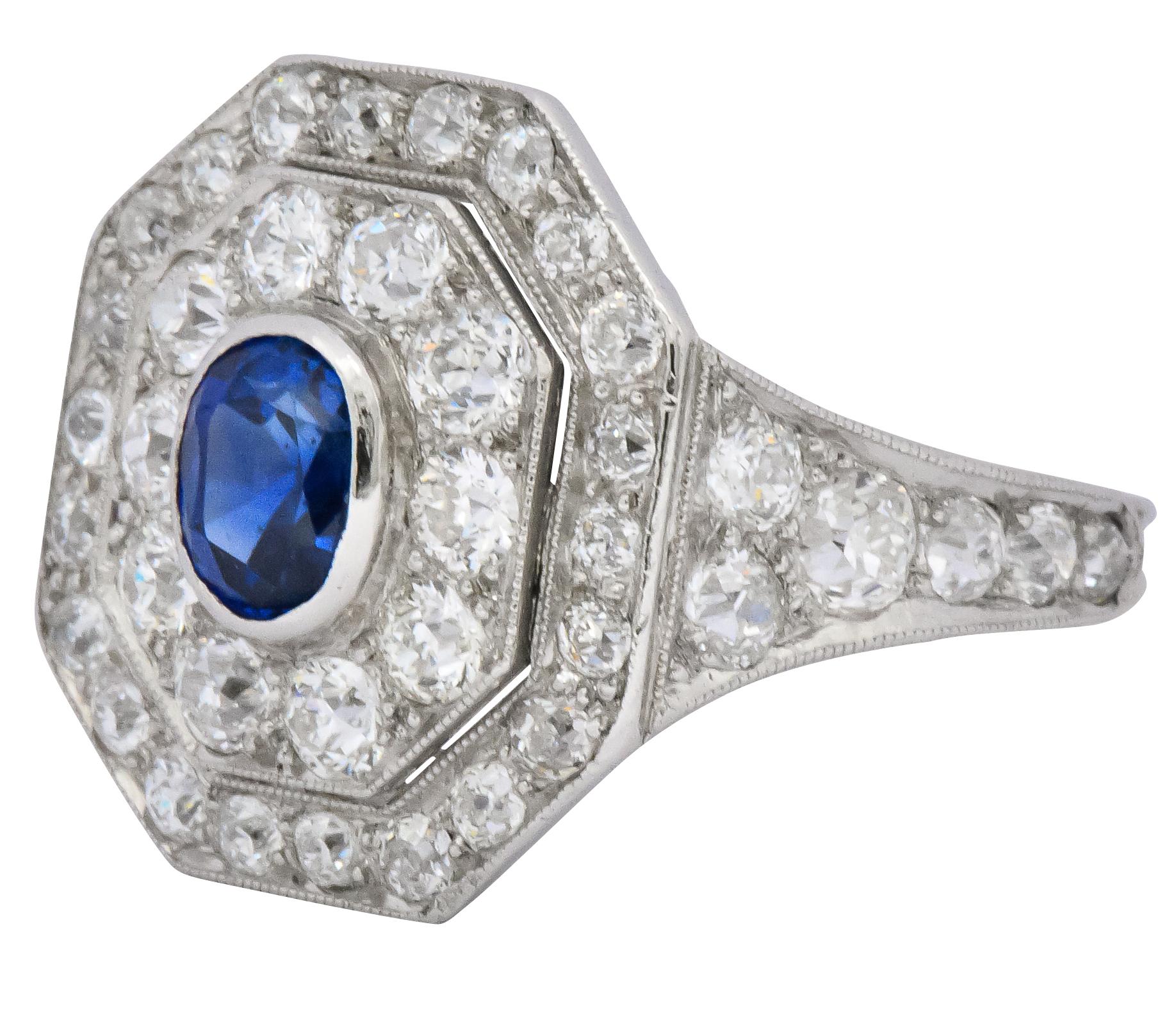 Art Deco 3.50 Carats No Heat Sapphire European Cut Diamond Platinum Halo Ring 1