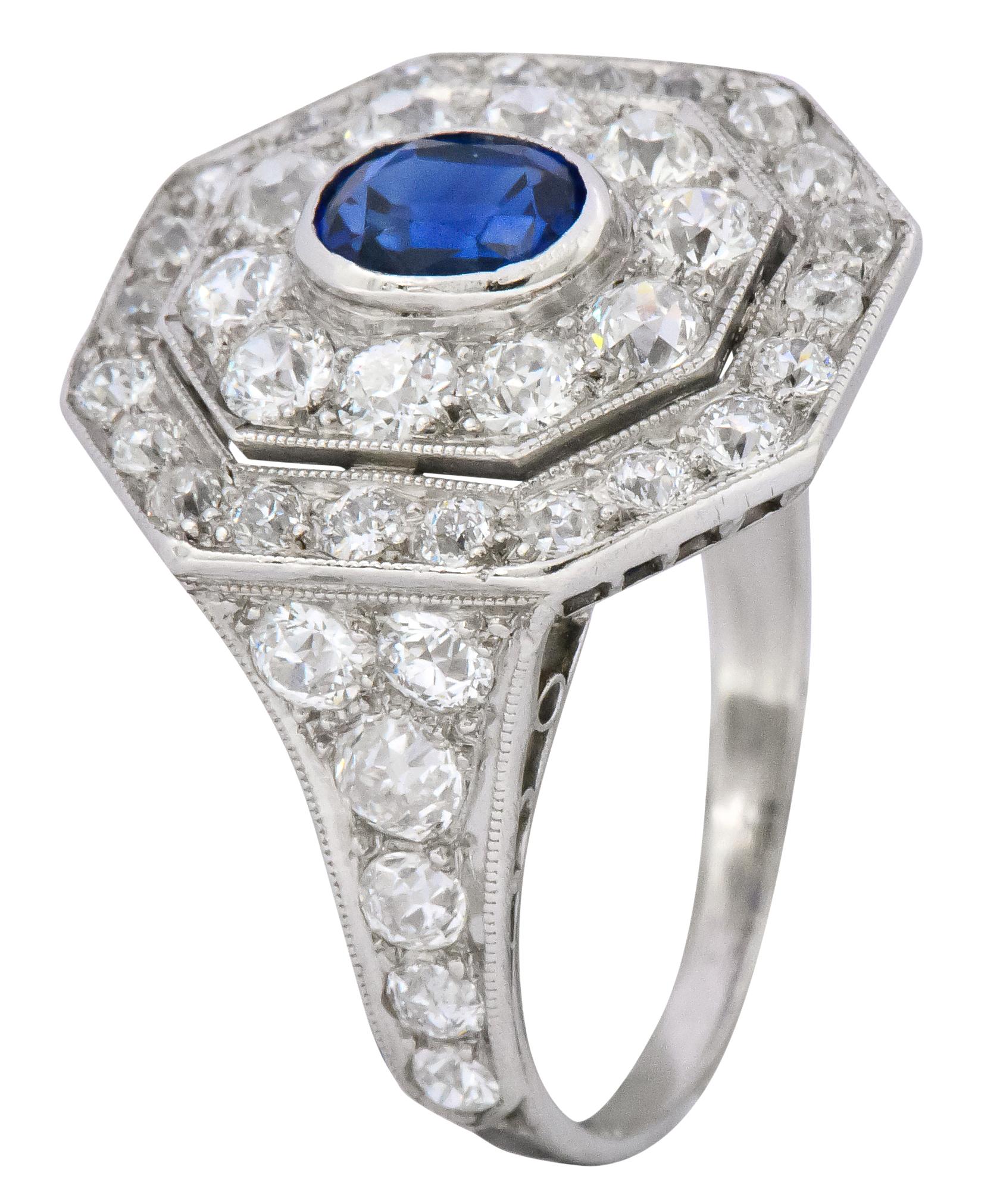 Art Deco 3.50 Carats No Heat Sapphire European Cut Diamond Platinum Halo Ring 2