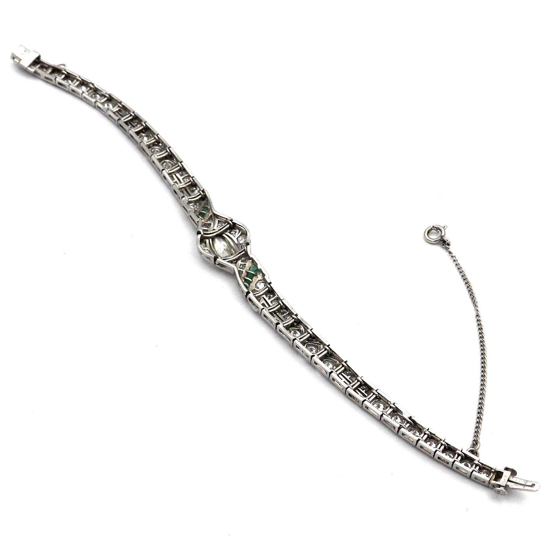 De las mujeres Art Déco 3,51 ct Diamante Esmeralda Pulsera de platino circa 1920 en venta