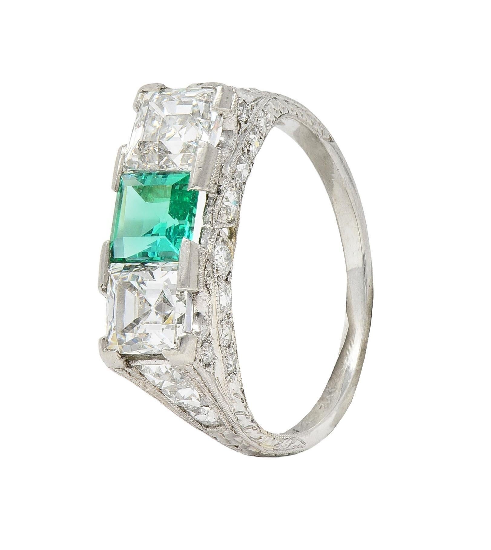 Art Deco 3.51 CTW Emerald Diamond Platinum Vintage Three Stone Ring For Sale 5