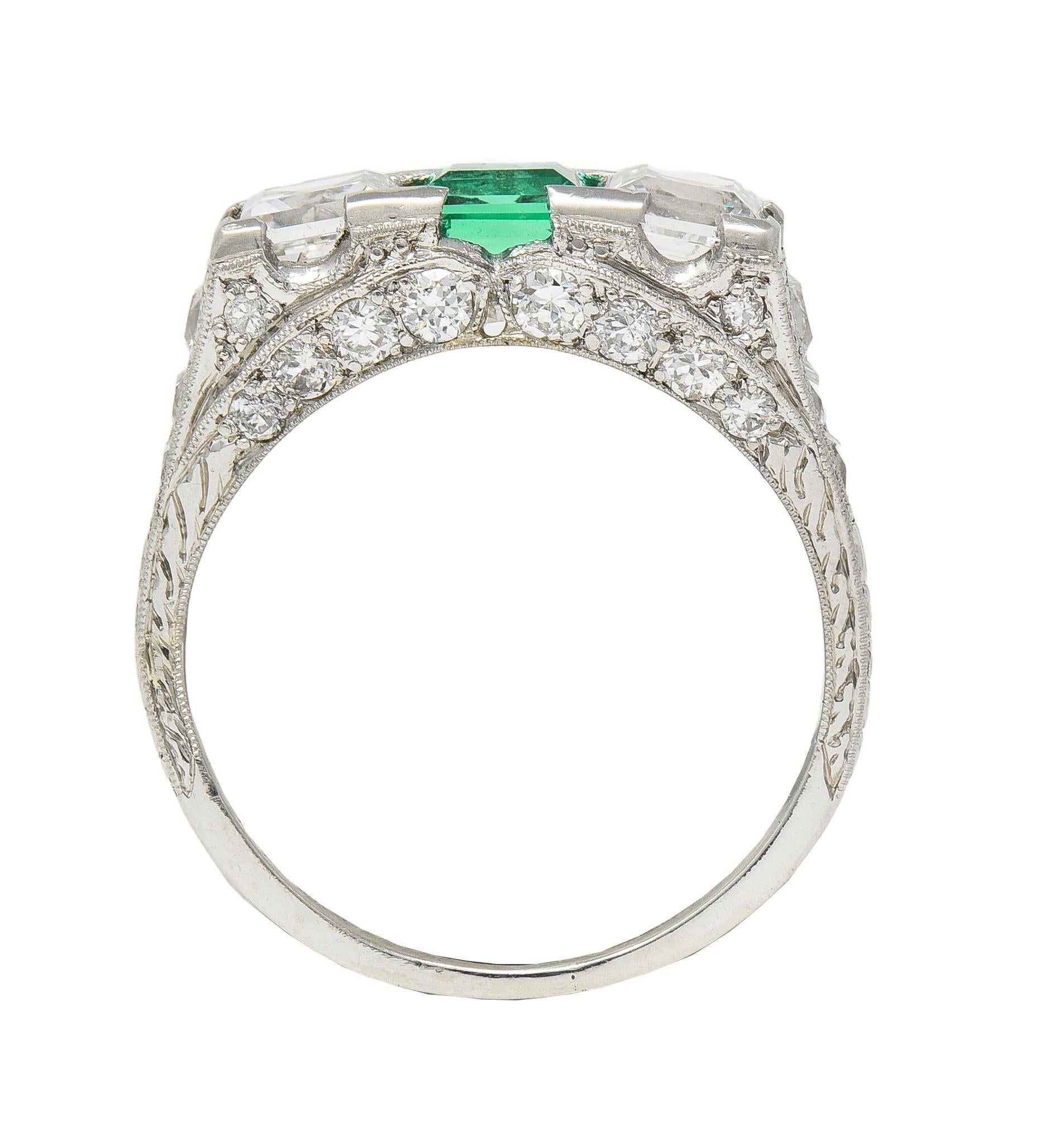 Art Deco 3.51 CTW Emerald Diamond Platinum Vintage Three Stone Ring For Sale 6