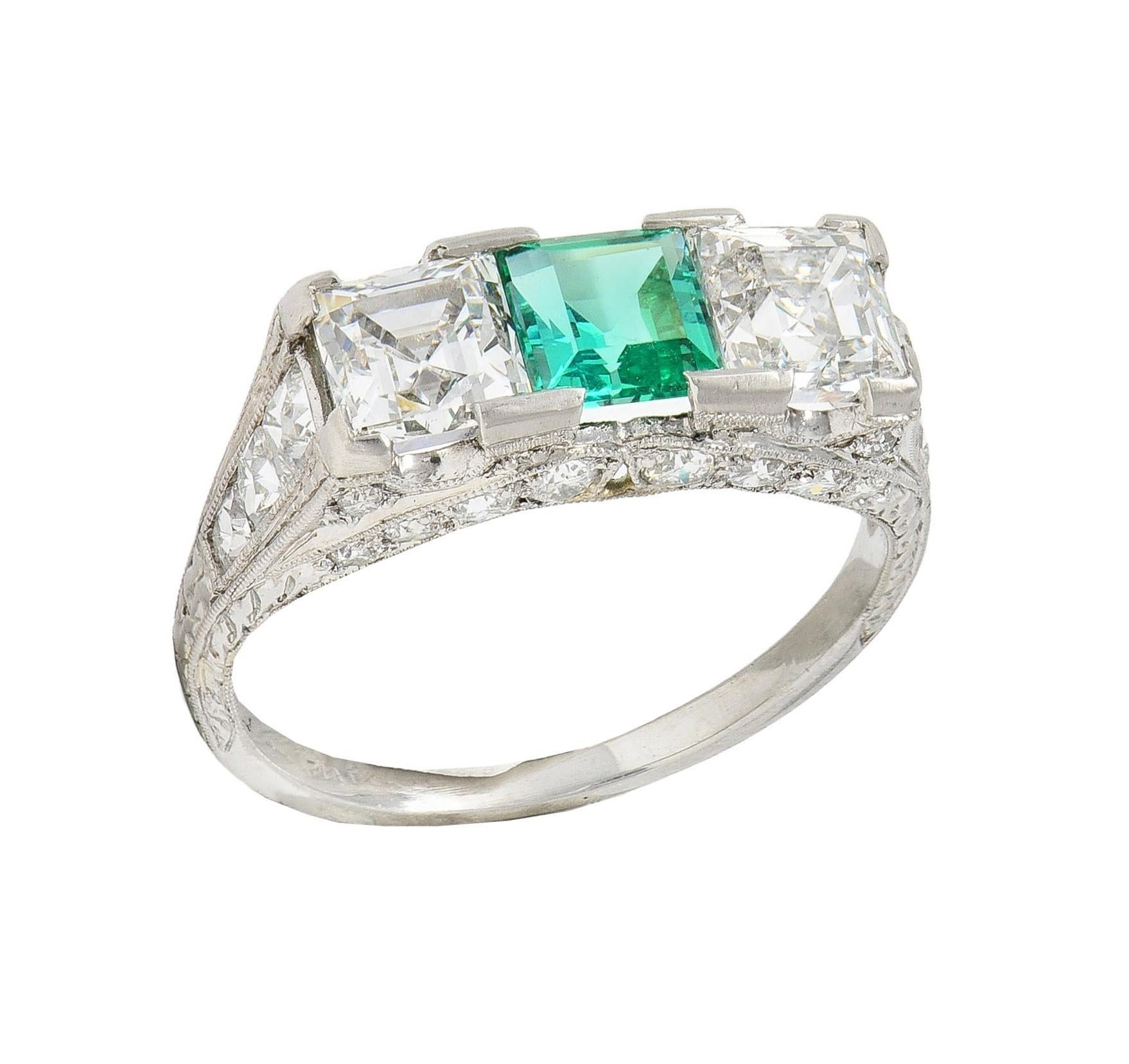 Art Deco 3.51 CTW Emerald Diamond Platinum Vintage Three Stone Ring For Sale 7