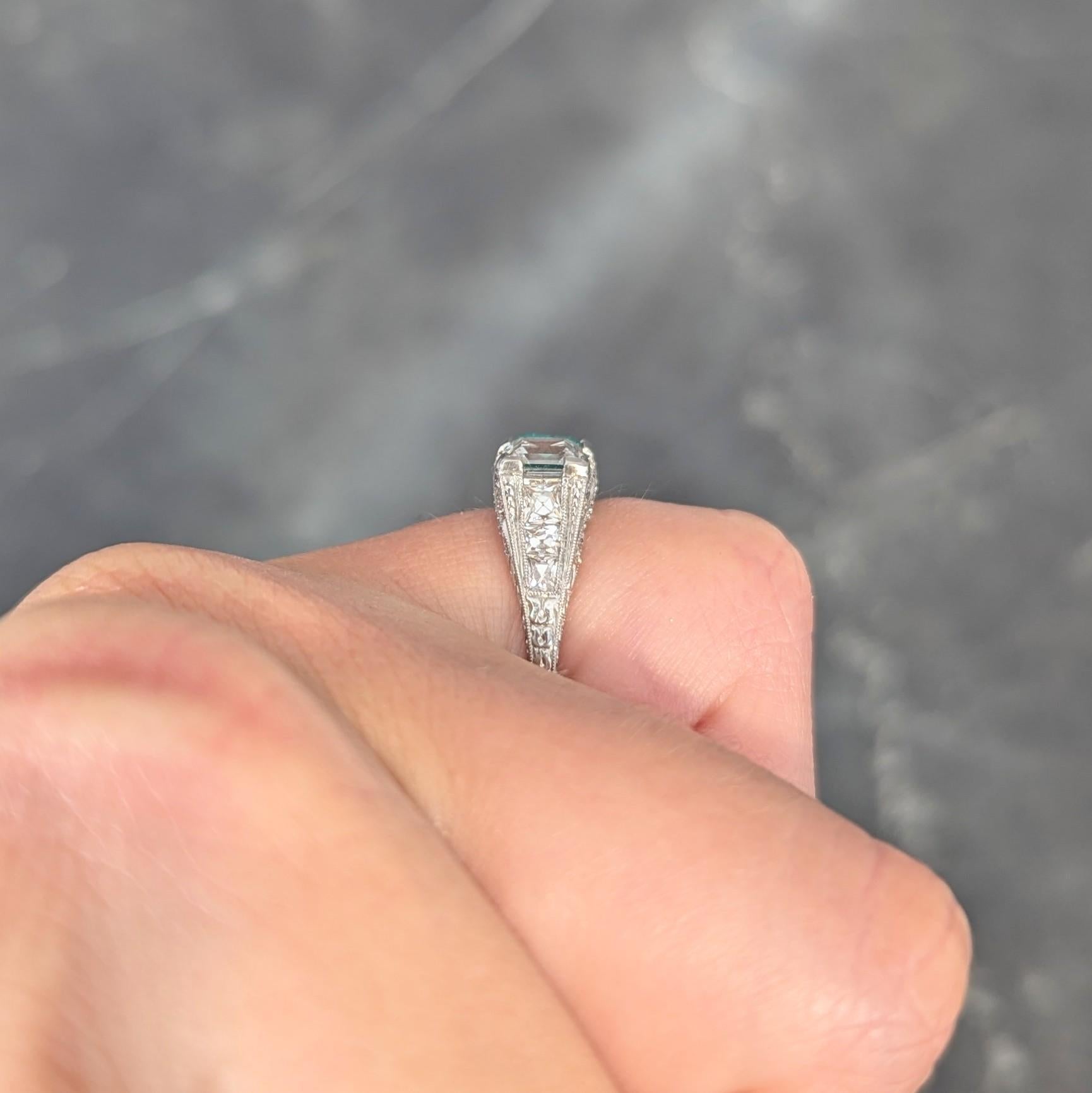 Art Deco 3.51 CTW Emerald Diamond Platinum Vintage Three Stone Ring For Sale 8