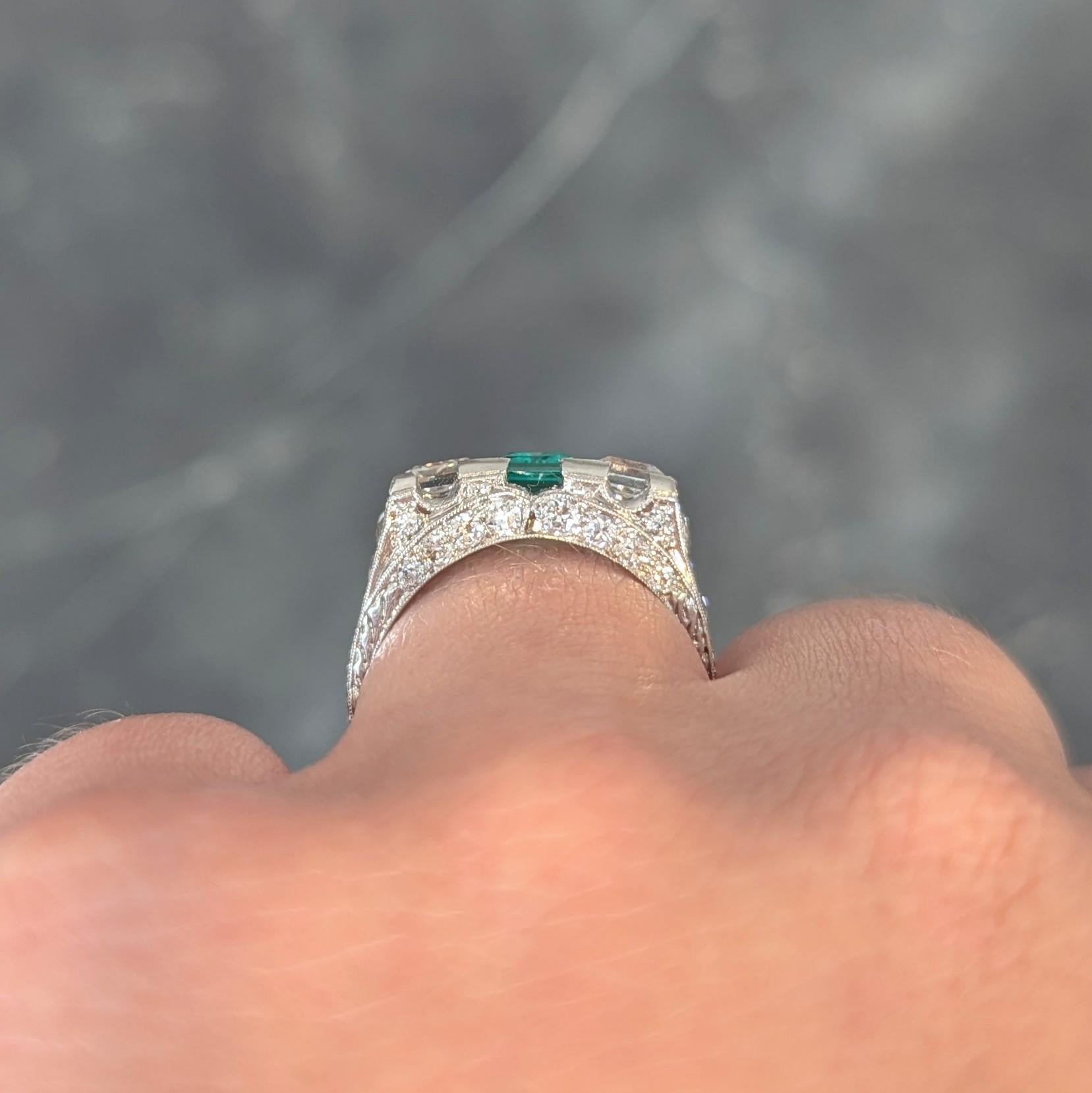 Art Deco 3.51 CTW Emerald Diamond Platinum Vintage Three Stone Ring For Sale 9