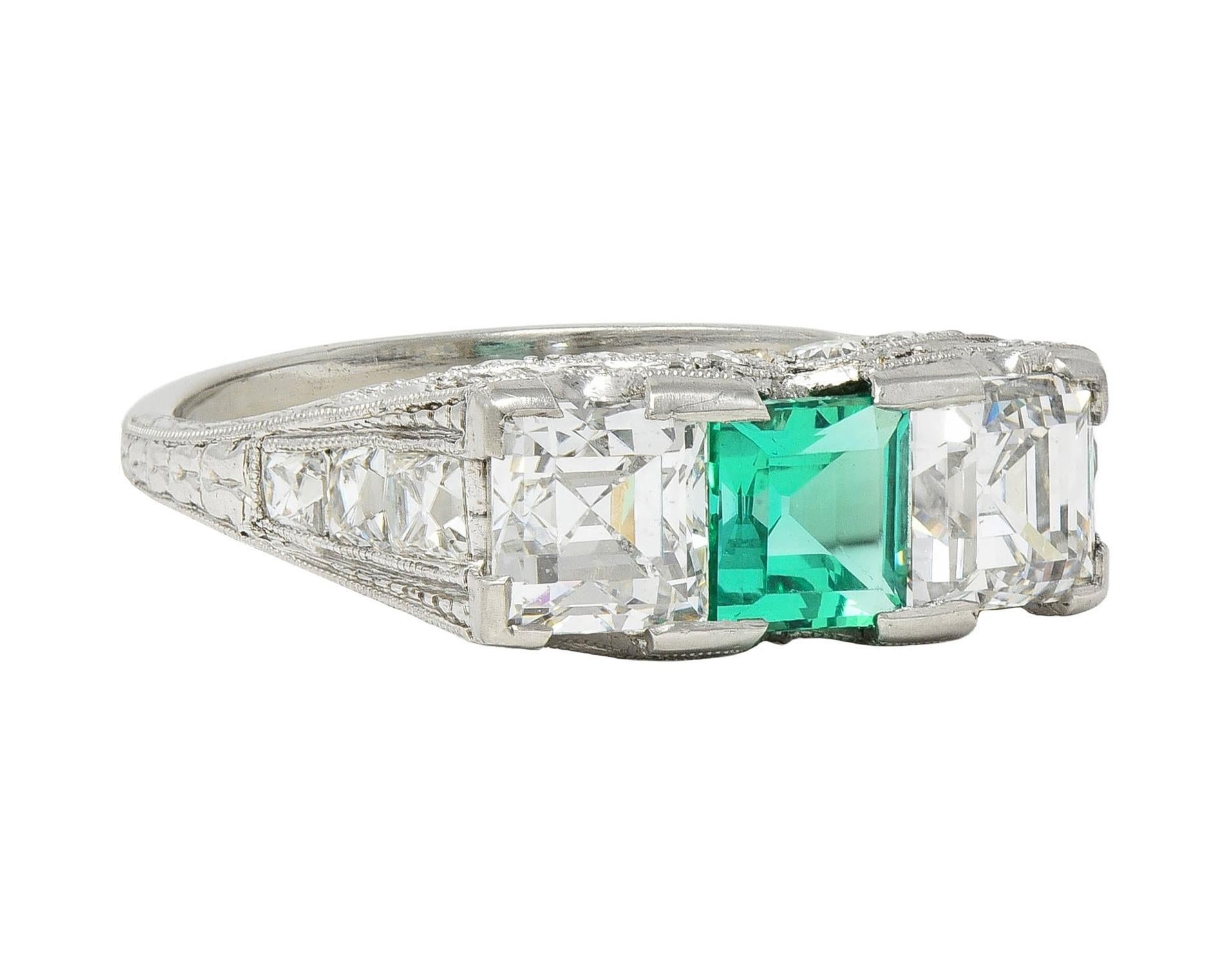 Square Cut Art Deco 3.51 CTW Emerald Diamond Platinum Vintage Three Stone Ring For Sale