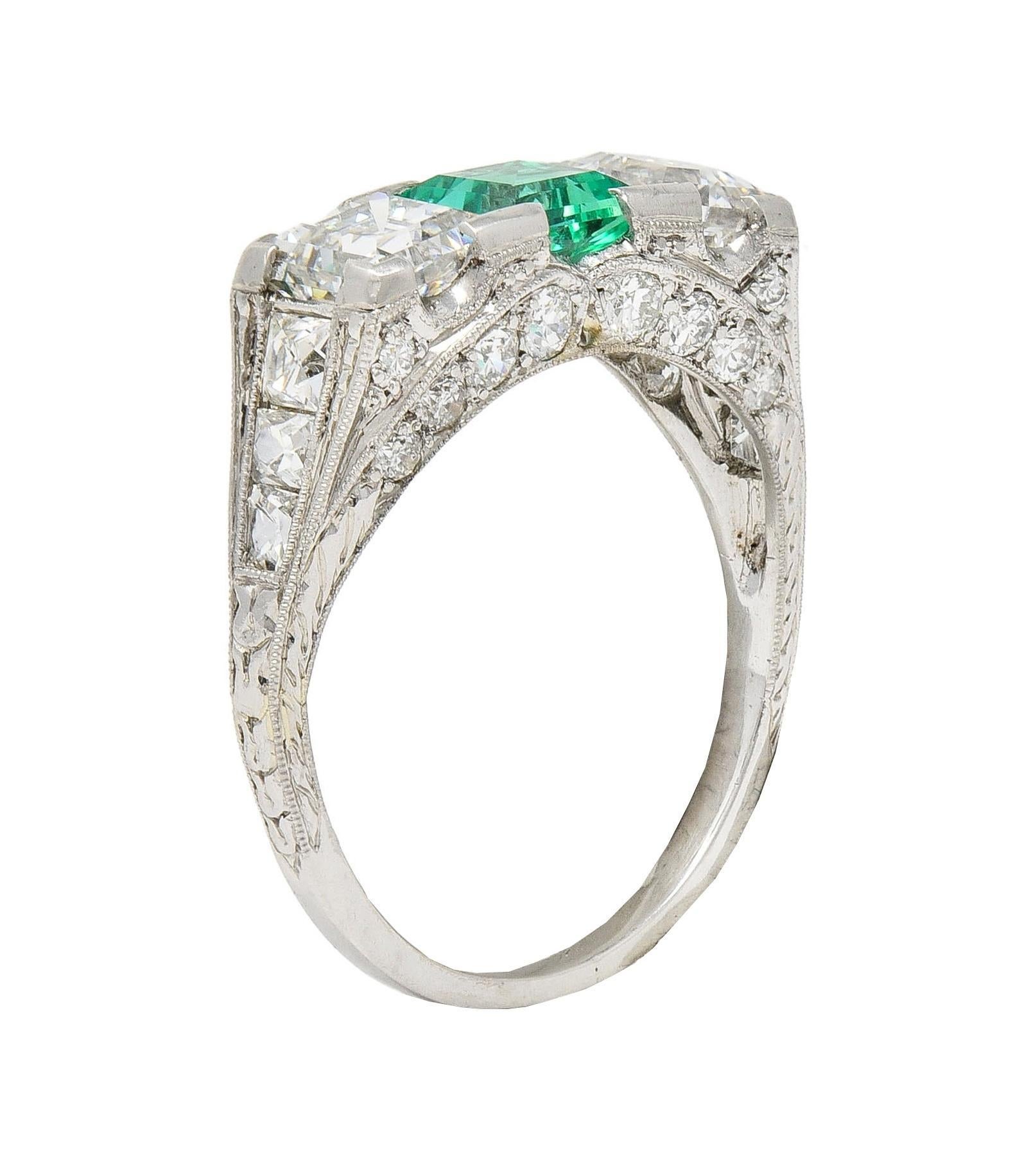 Art Deco 3.51 CTW Emerald Diamond Platinum Vintage Three Stone Ring In Excellent Condition For Sale In Philadelphia, PA