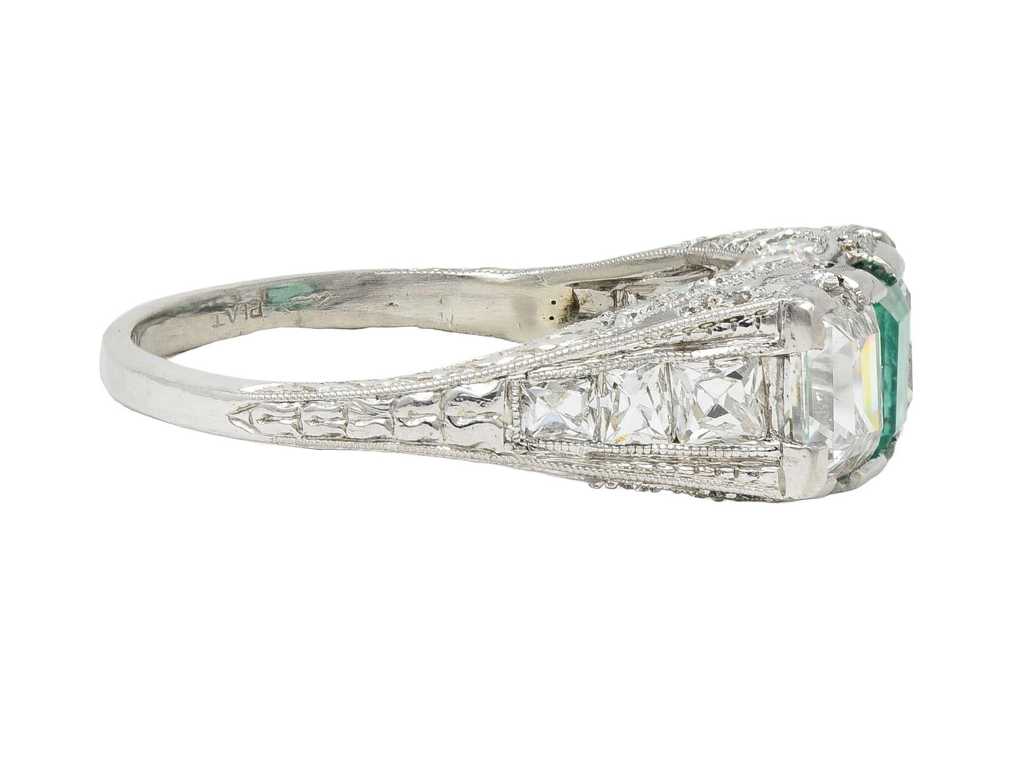 Women's or Men's Art Deco 3.51 CTW Emerald Diamond Platinum Vintage Three Stone Ring For Sale