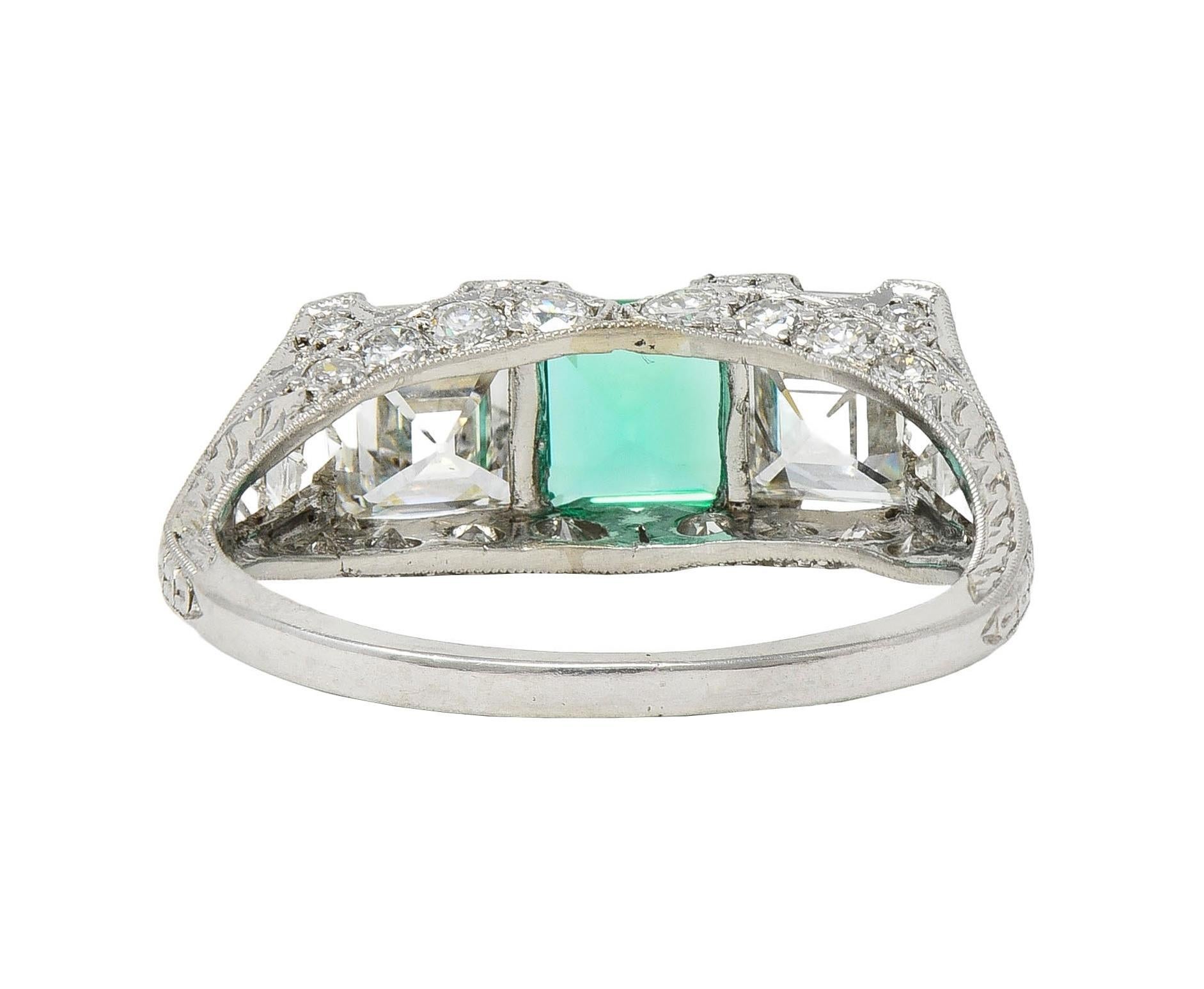 Art Deco 3.51 CTW Emerald Diamond Platinum Vintage Three Stone Ring For Sale 1