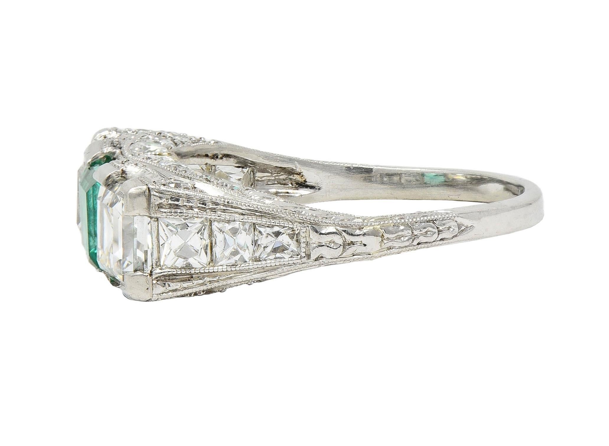 Art Deco 3.51 CTW Emerald Diamond Platinum Vintage Three Stone Ring For Sale 2