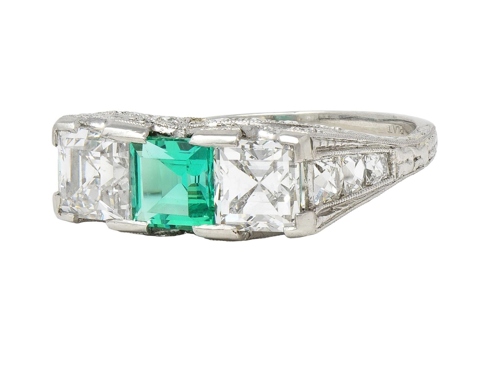 Art Deco 3.51 CTW Emerald Diamond Platinum Vintage Three Stone Ring For Sale 3