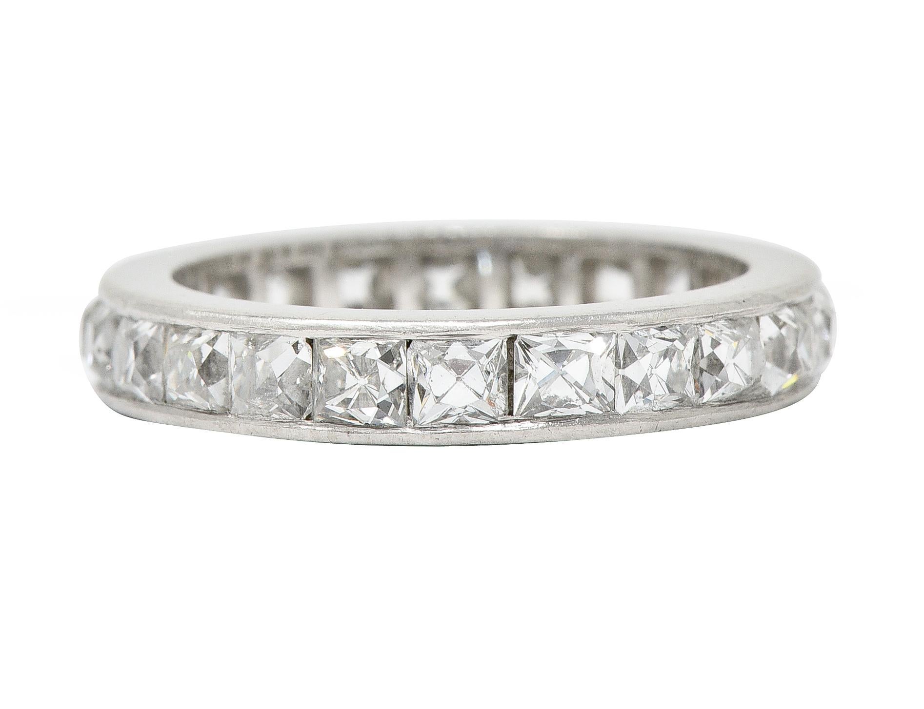 Art Deco 3.52 CTW French Cut Diamond Platinum Band Vintage Wedding Ring In Excellent Condition For Sale In Philadelphia, PA