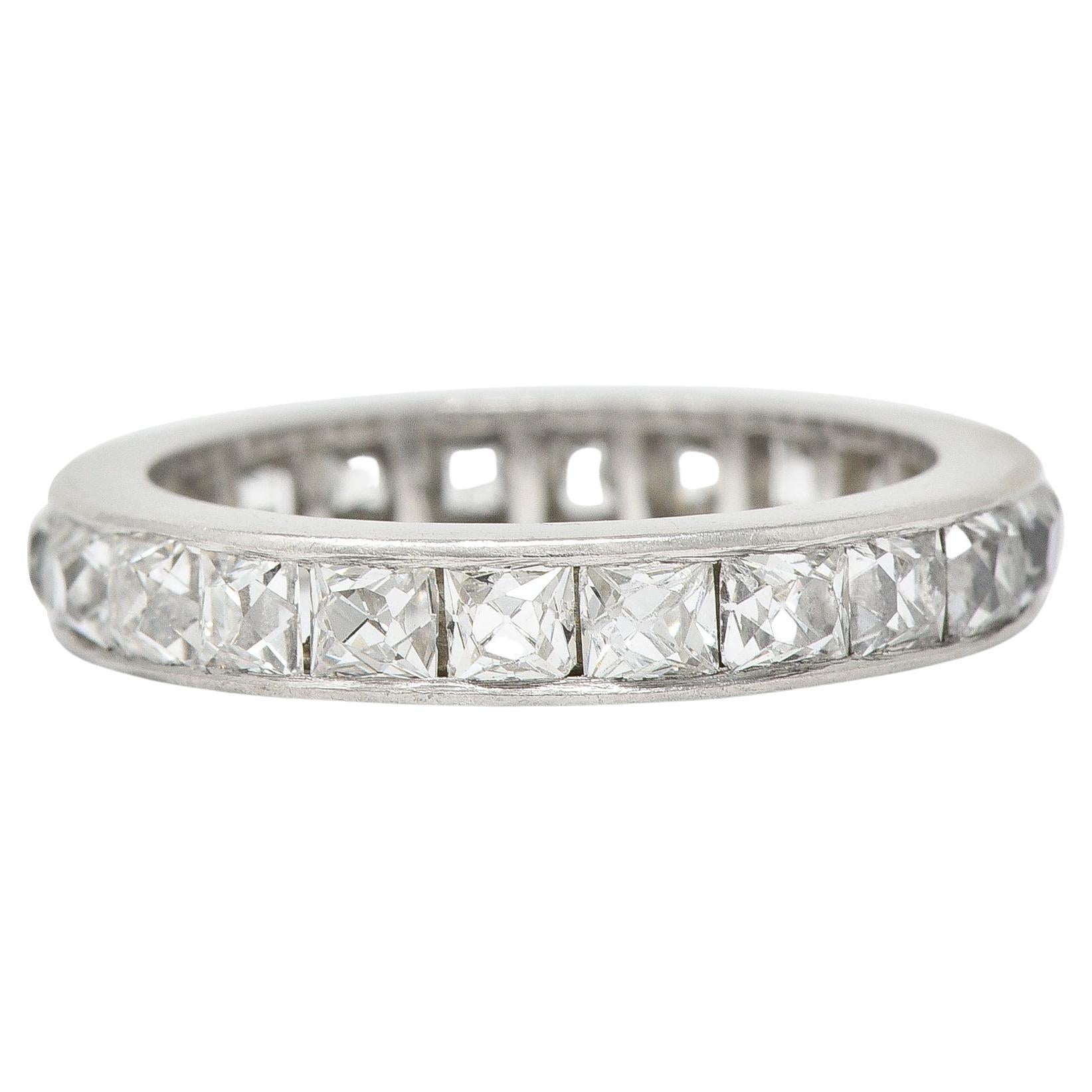 Art Deco 3.52 CTW French Cut Diamond Platinum Band Vintage Wedding Ring For Sale