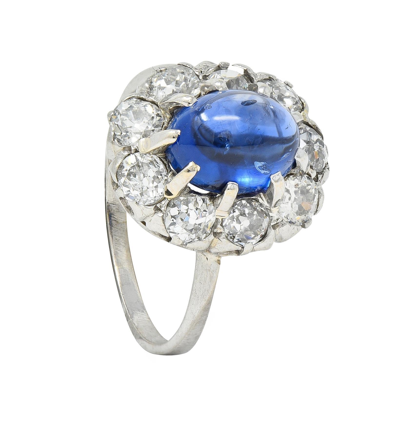 Art Deco 3.52 CTW Sapphire Cabochon Diamond 18 Karat White Gold Halo Ring For Sale 6