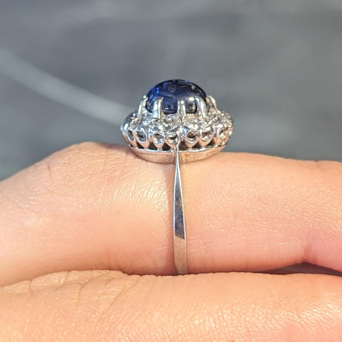 Art Deco 3.52 CTW Sapphire Cabochon Diamond 18 Karat White Gold Halo Ring For Sale 7