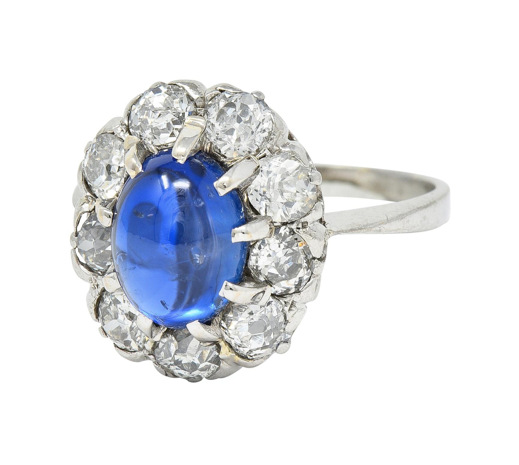 Art Deco 3.52 CTW Sapphire Cabochon Diamond 18 Karat White Gold Halo Ring For Sale 2