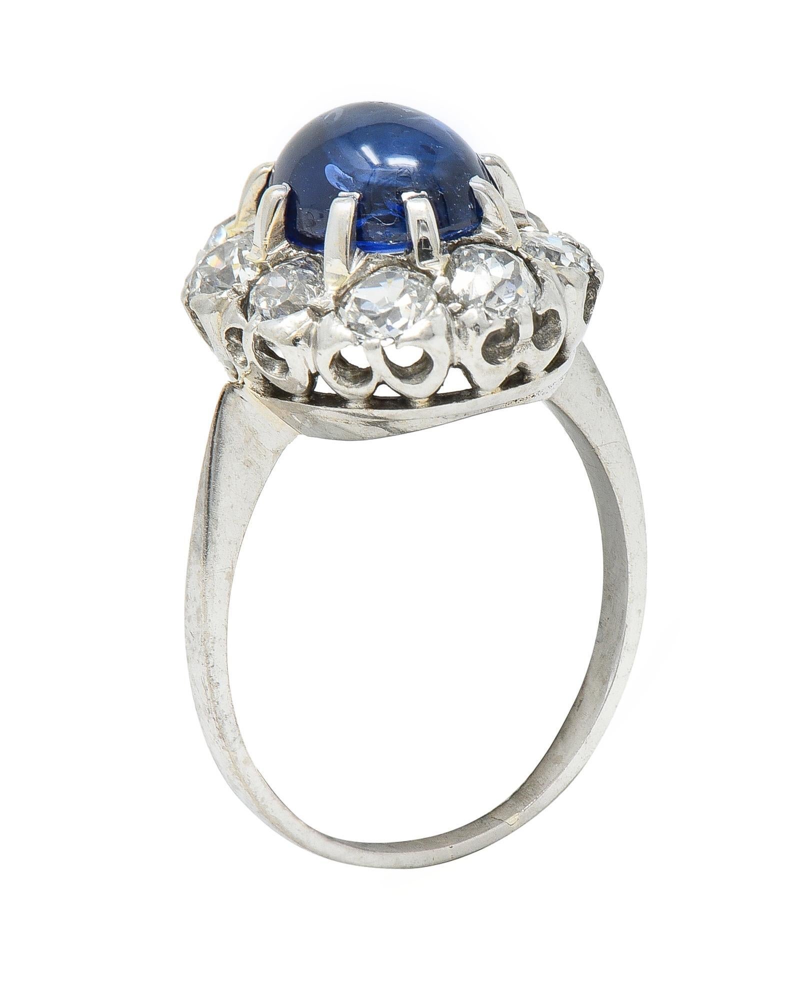 Art Deco 3.52 CTW Sapphire Cabochon Diamond 18 Karat White Gold Halo Ring For Sale 4