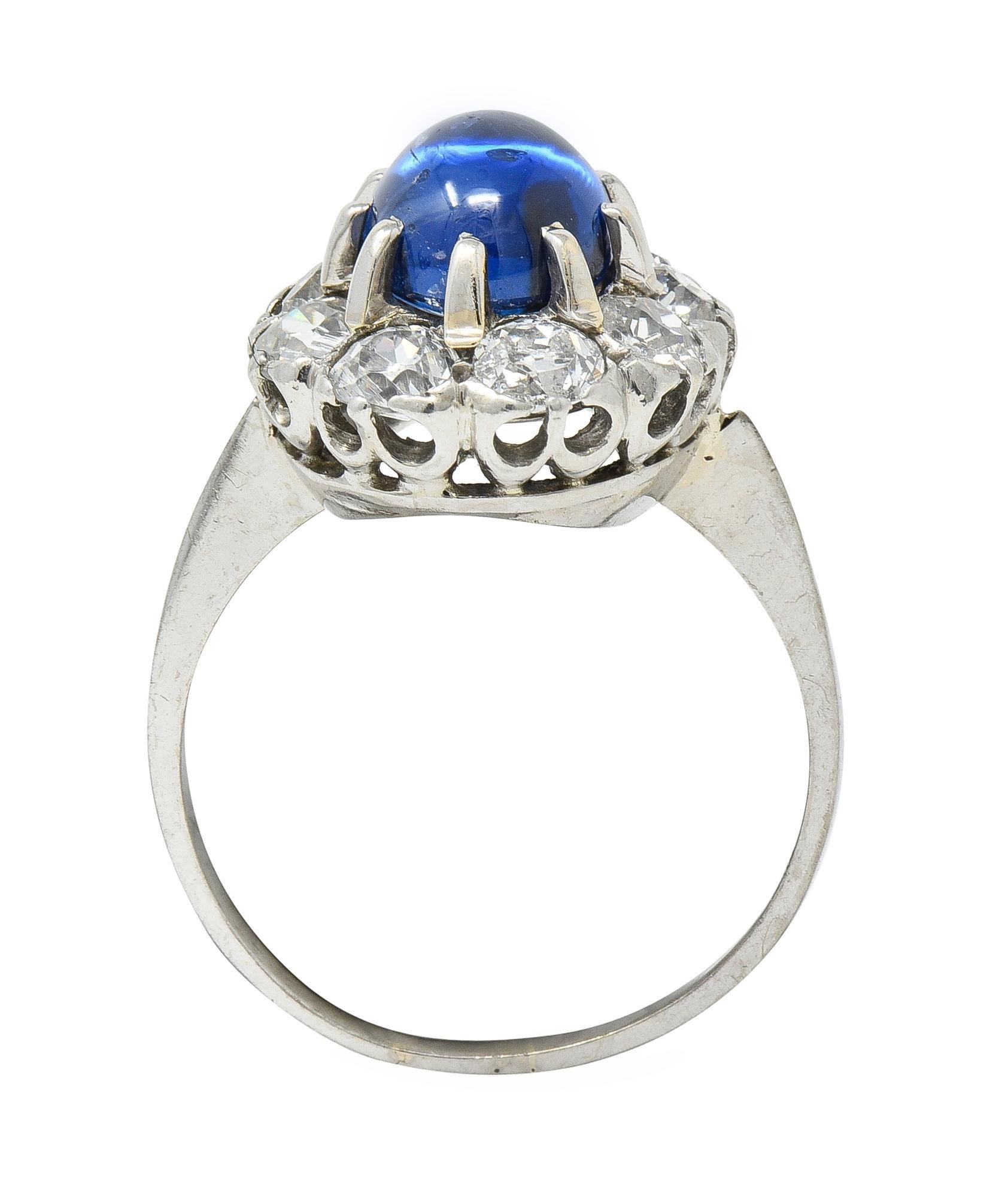Art Deco 3.52 CTW Sapphire Cabochon Diamond 18 Karat White Gold Halo Ring For Sale 5