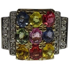 Art Deco Style 3.54 Carat Sapphire Diamond 14 Karat Yellow Gold White Gold Ring