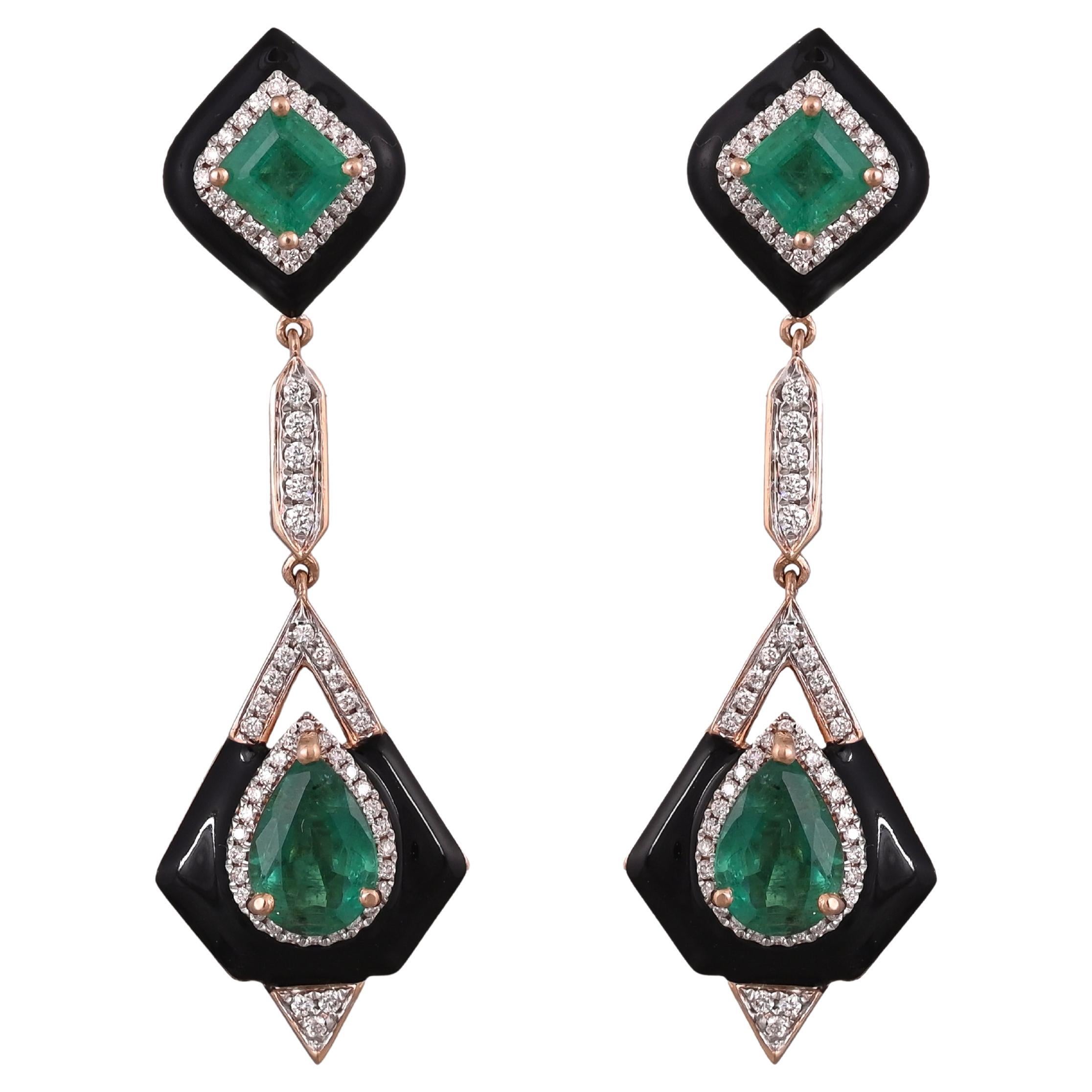 Art Deco 3.54 carats, natural Zambian Emerald Diamond & Enamel Dangle Earrings For Sale